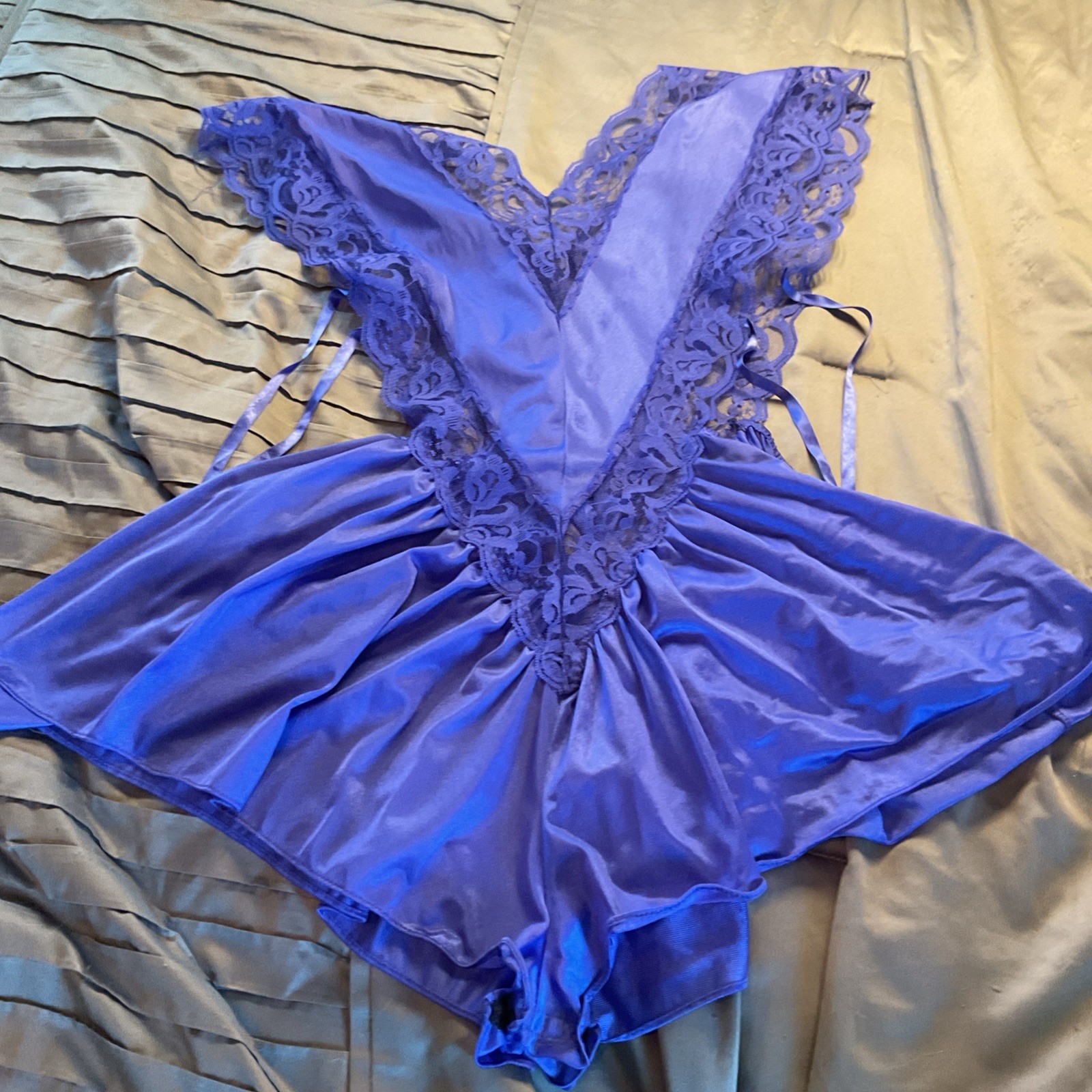 Vtg Blue Teddy Romper Lingerie Nylon Lace Trim V-neck Plus Size XXL Made In USA