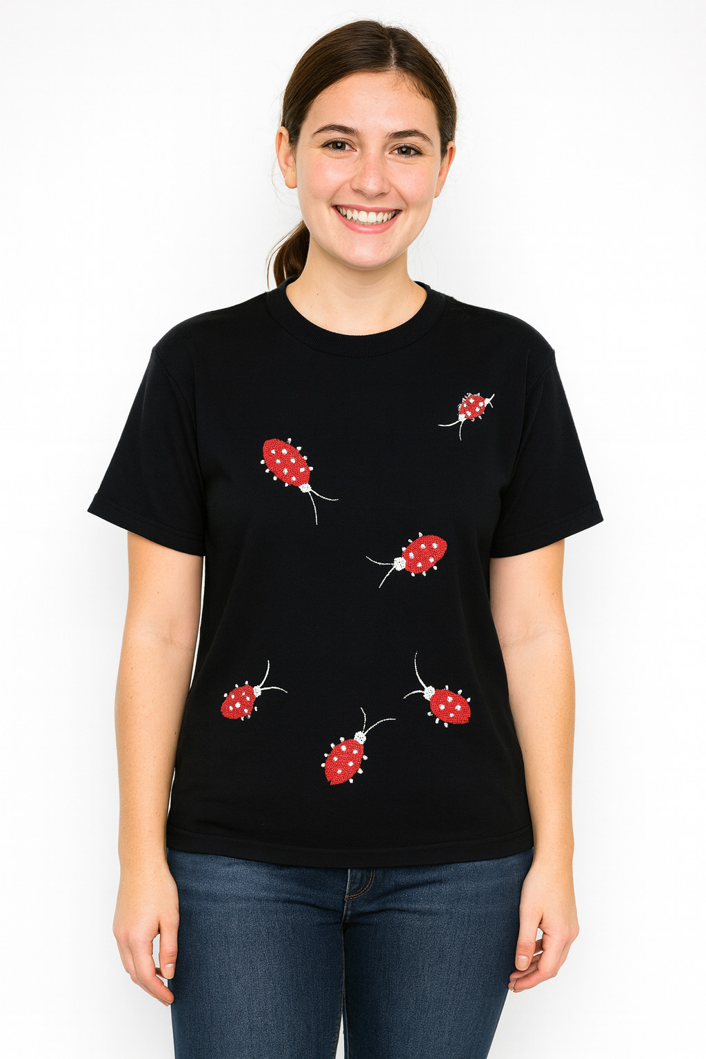VTG 70s Rochelle Navy Sweater Red Ladybug Embroidery Taiwan NWT Acrylic L XL