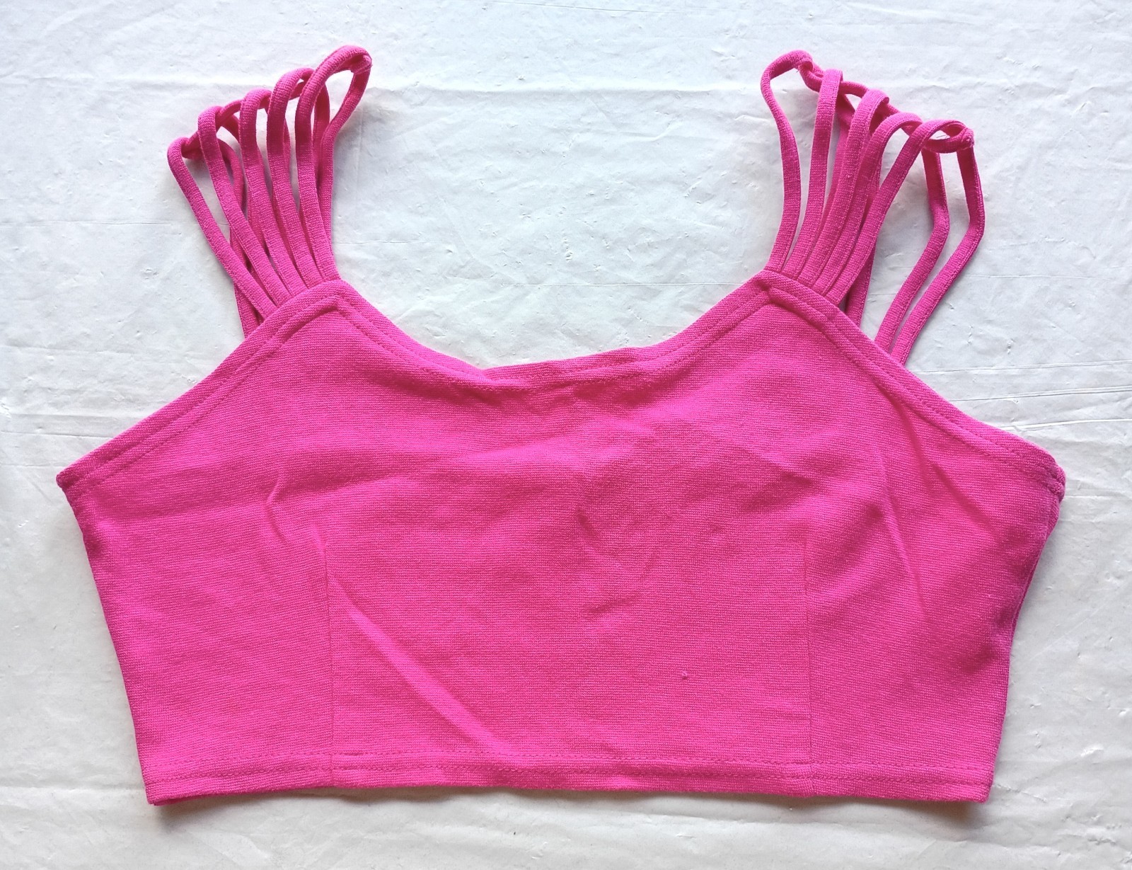 80s 90s Y2K Cristina Hot Fuschia Pink Strappy Stretch Crop Top Vintage Size L