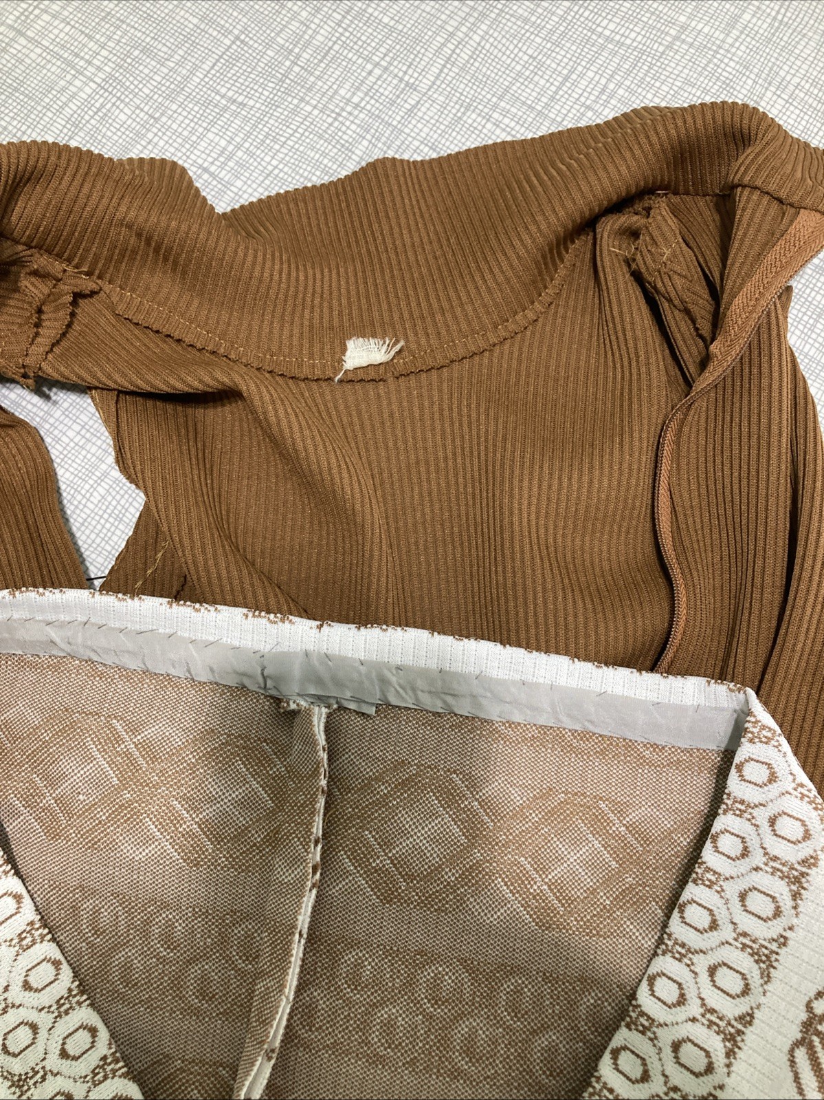Vtg 70s Mod Geometric Dress & Jacket Set Brown Tan MCM Shift Suit Nemo Zip EUC
