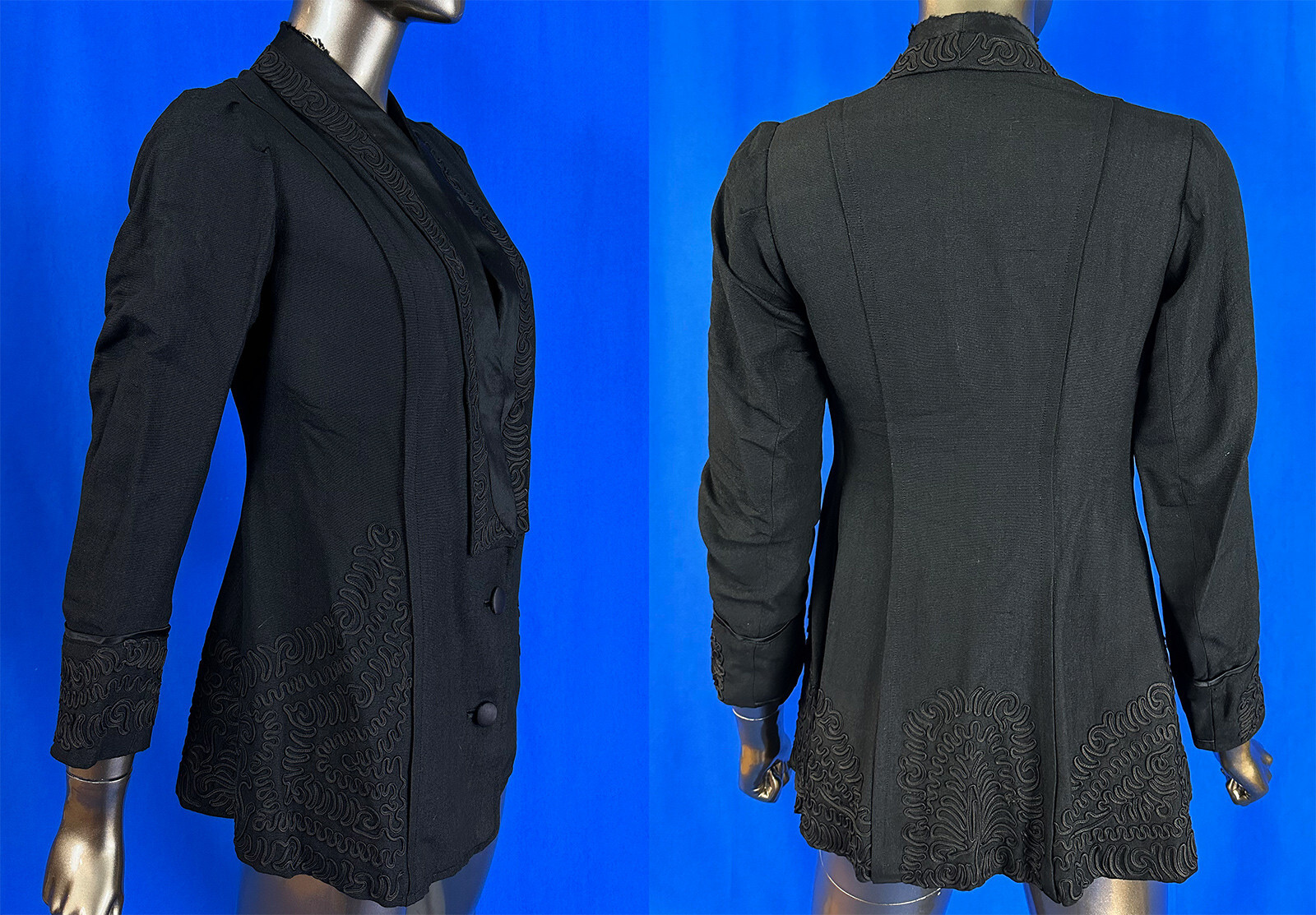 Edwardian Black Silk Grosgrain Soutache Braid Passementerie Walking Suit Jacket