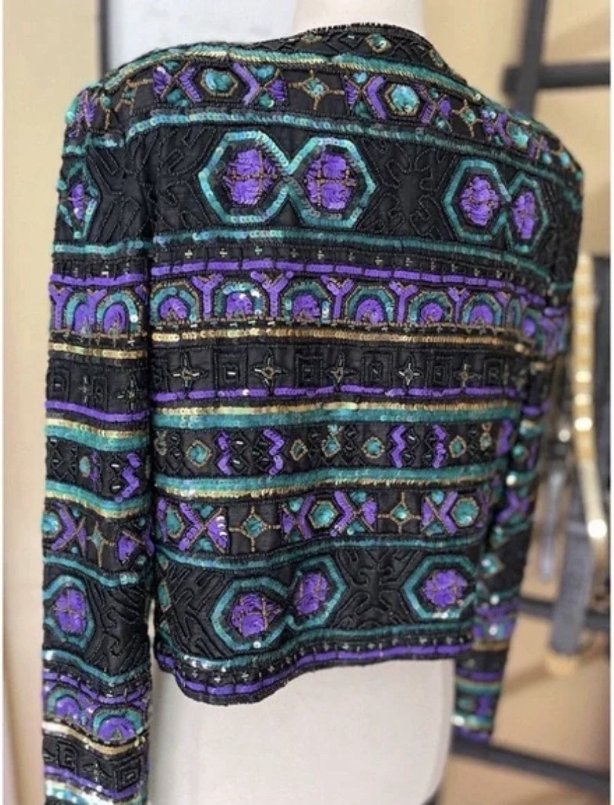 VINTAGE JOAN LESLIE Sequin Beaded Jacket sz L EXCELLENT Condition!