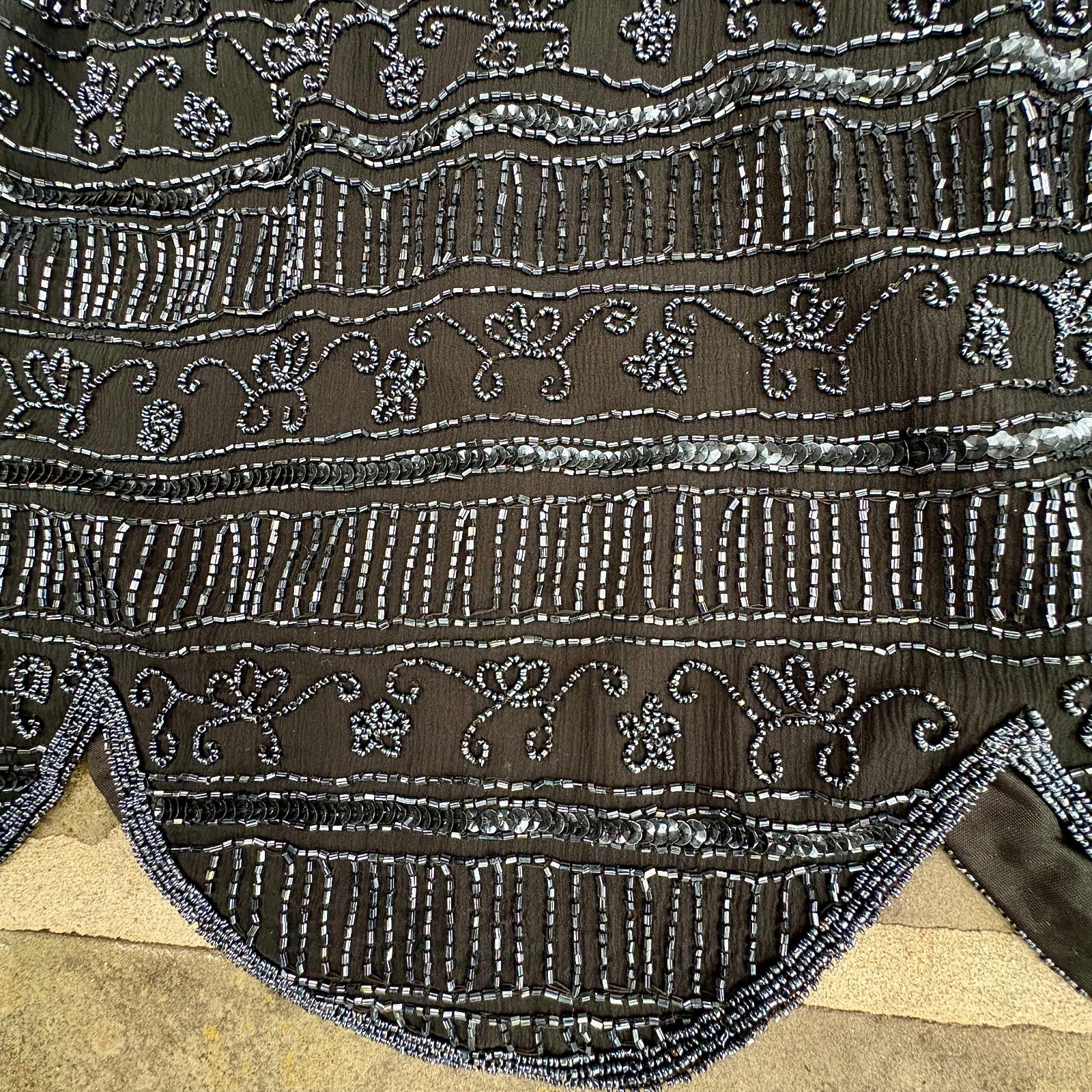 vtg BLACK silk BEADED fitted TOP CAMISOLE scallop by STENAY size XL seed & bugle