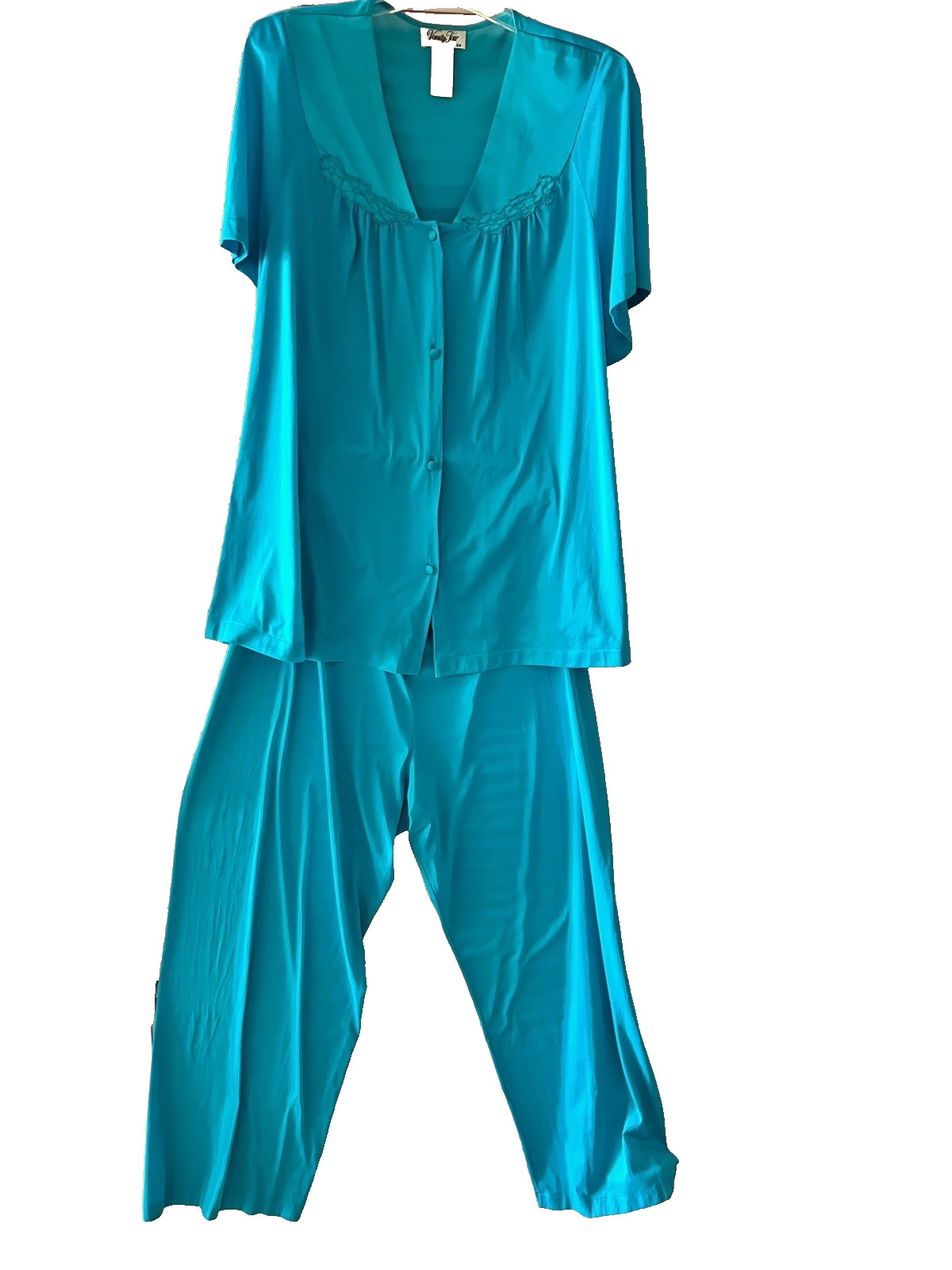 VANITY FAIR 2-Pc Women&rsquo;s Size 2X 48 Pajama Set Nylon Satin Teal Floral Applique