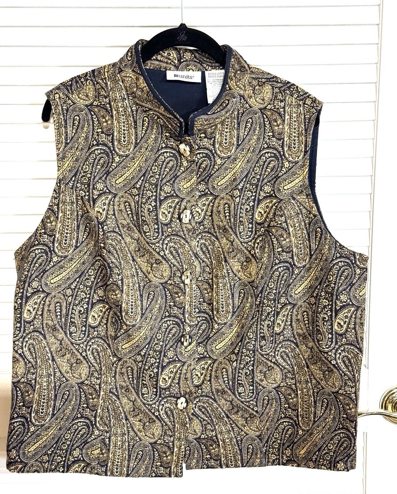 Tapestry Button Front Vest UNITS Women Size XL Blue Gold Paisley Lined Vintage
