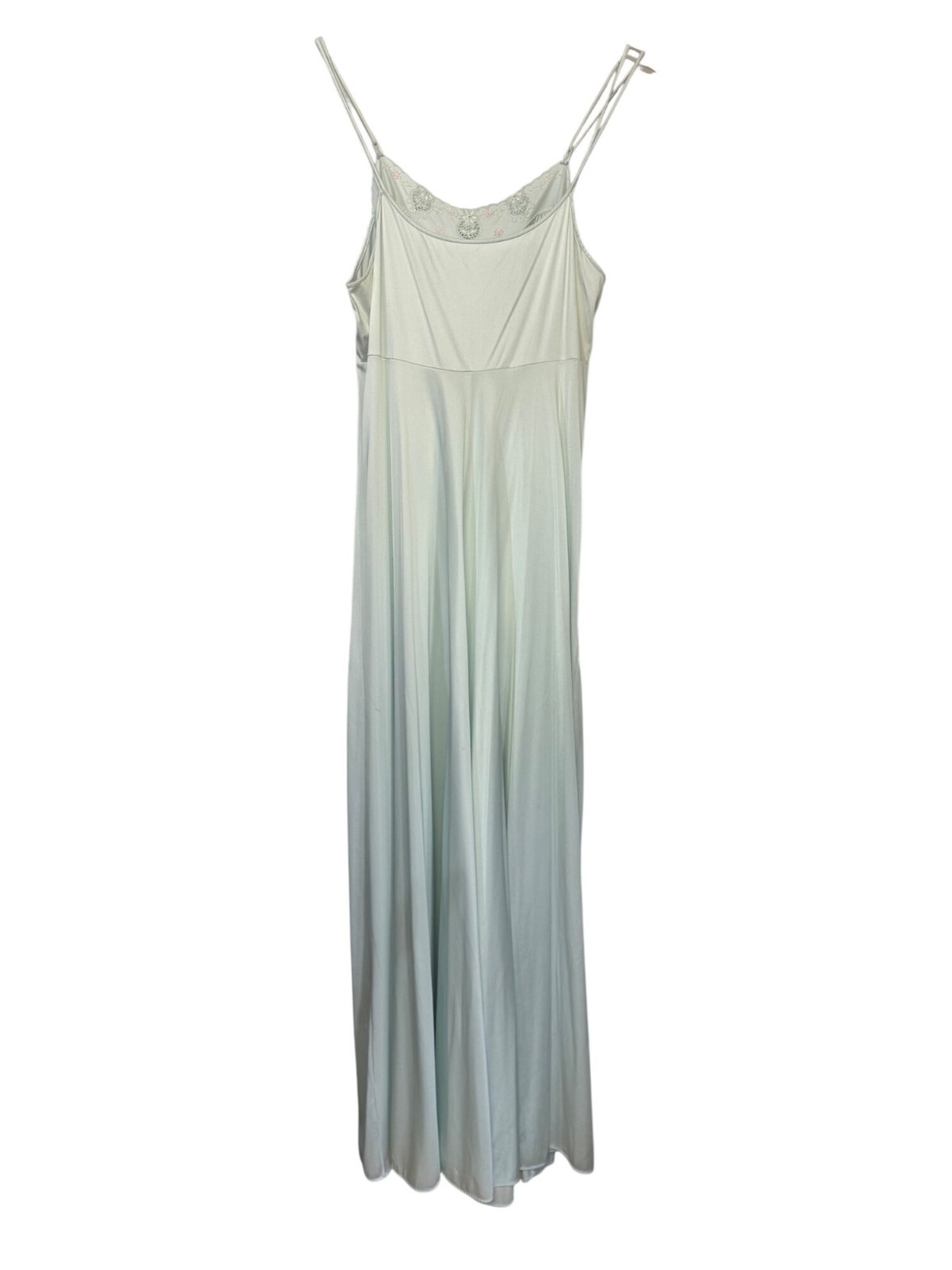 Shadowline Nylon Nightgown Light Blue Size Medium Embroidered Floral Lace Trim