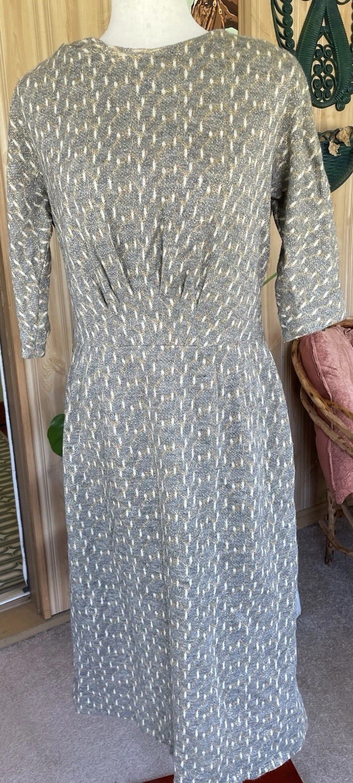 Vtg 60s Henry Lee Gold Gray Boucle Wiggle Dress Midi 3/4 Sleeves Large No Belt