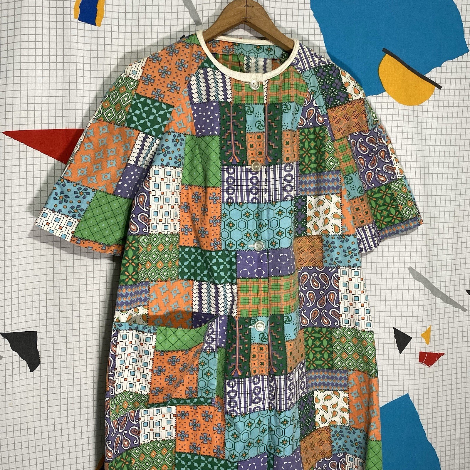 Vintage 40s 50s Paisley Dress Patchwork Print Chore Day House Button Front
