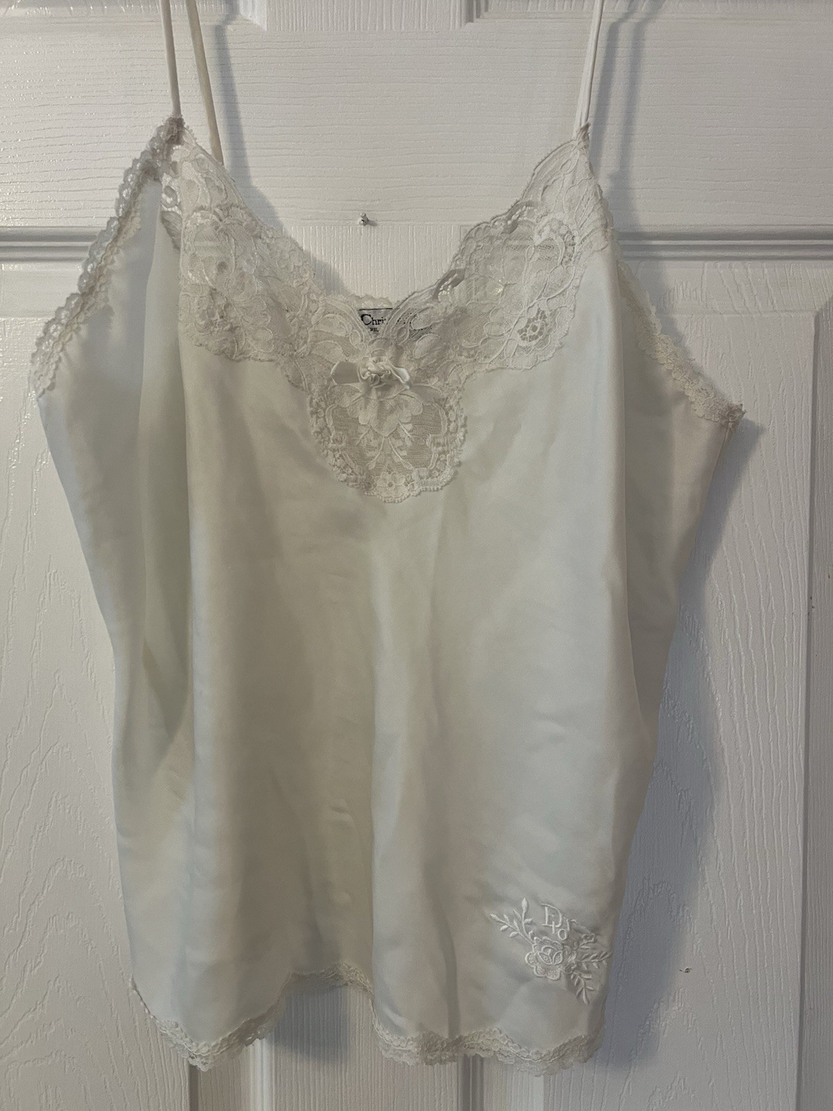 Vtg Christian Dior Ivory Satin Lace Camisole Union USA Logo Embroidered