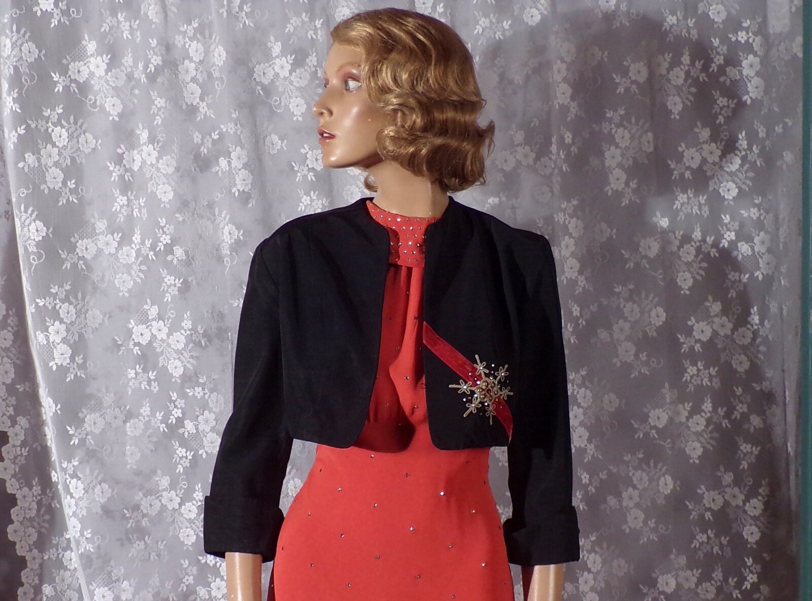 Vintage 40s Black Cropped Jacket Size XS 1940s Bolero Art Deco Old Hollywood