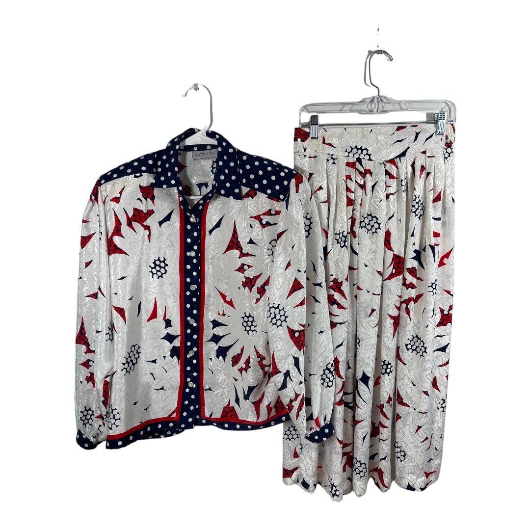 Vintage 80s Howard Wolf Dallas Skirt Blouse Set Red White Blue Abstract Print