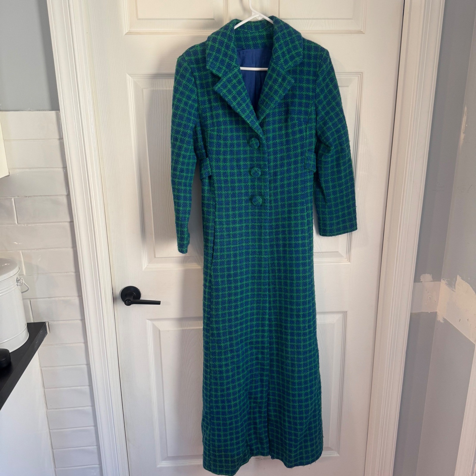 Vintage Plaid Maxi Coat Womens Small Blue Green Belted Longline Woven Jacket