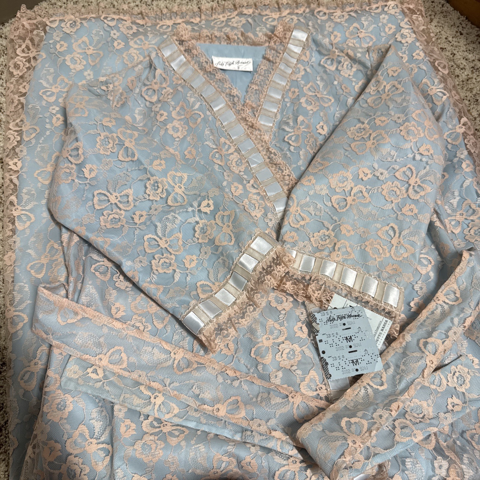 Odette Barsa Robe Size M Light Blue Ecru Lace Overlay NWT Gown Saks Fifth Avenue