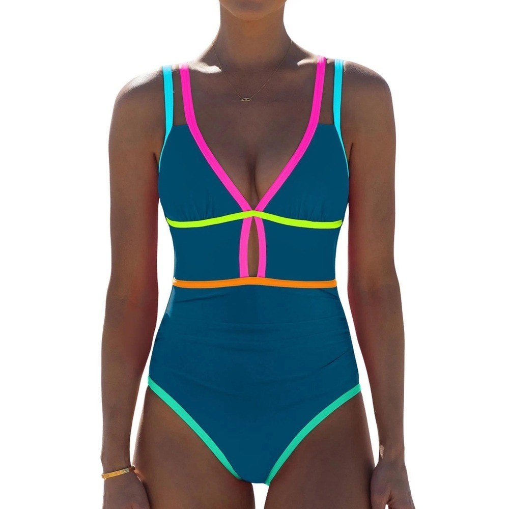 NWT Popvil One Piece Neon Color Block Tummy Control Cutout Swimsuit- XL
