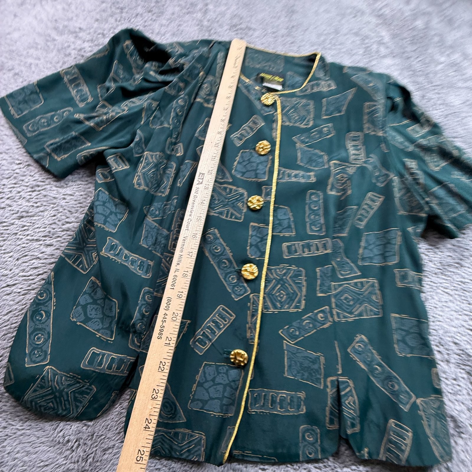Stuart Alan Womens 16 Vintage 80s Button Up Blouse Green Gold Geometric Print