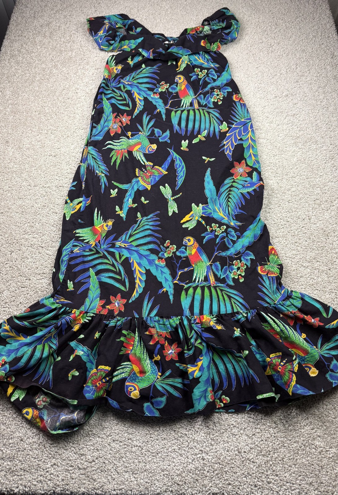 David Brown California Dress Women Size Small Black Floral Parrot Tropical 60s
