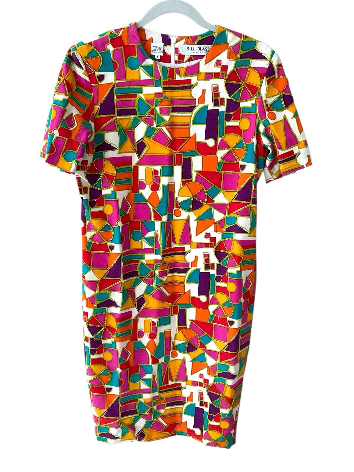 Vintage Bill Blass Silk Beaded Mod Shift Dress Geometric Colorblock Size 4