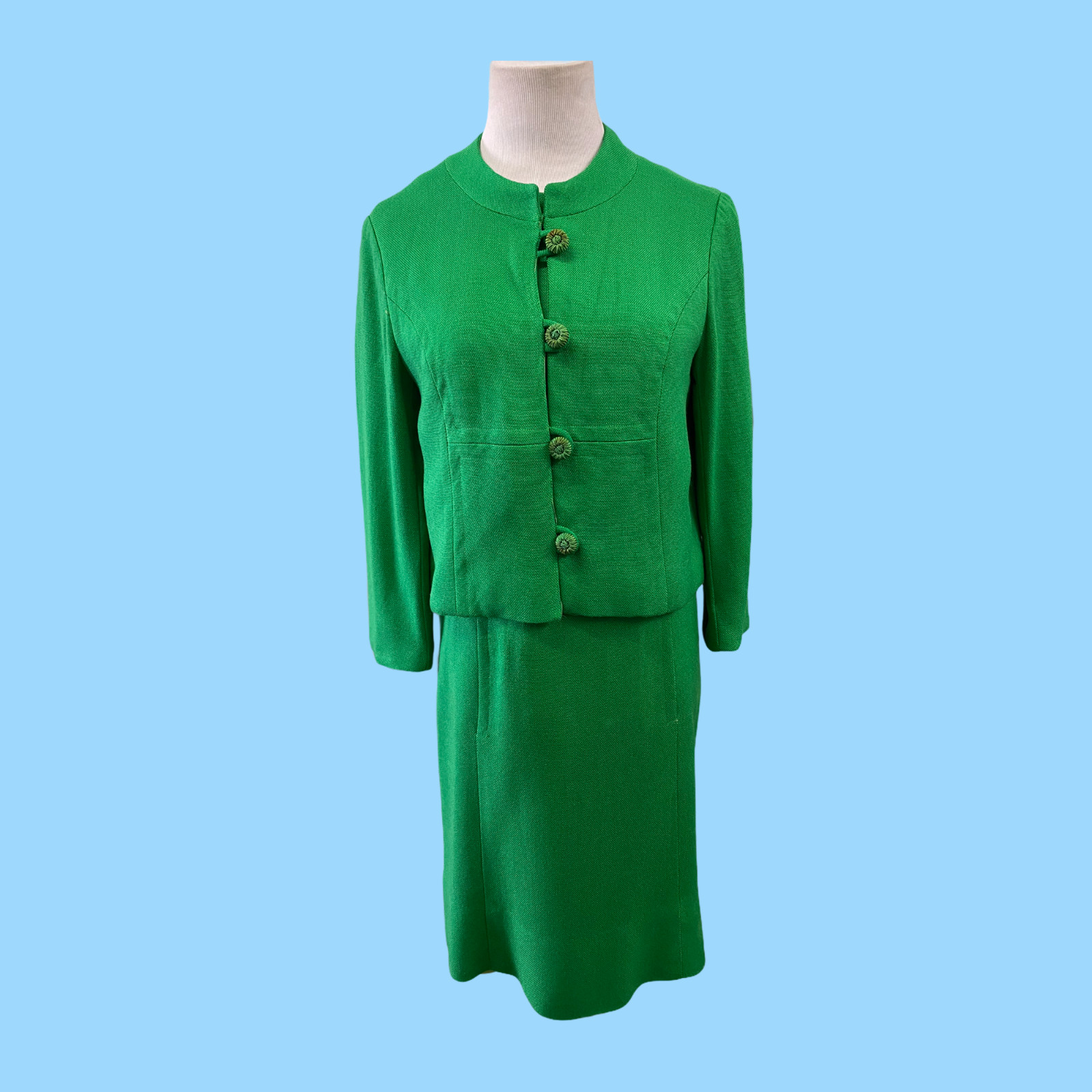 1960s Vintage Bright Green Rona Fashion Investment Linen Jacket & Shift Dress S