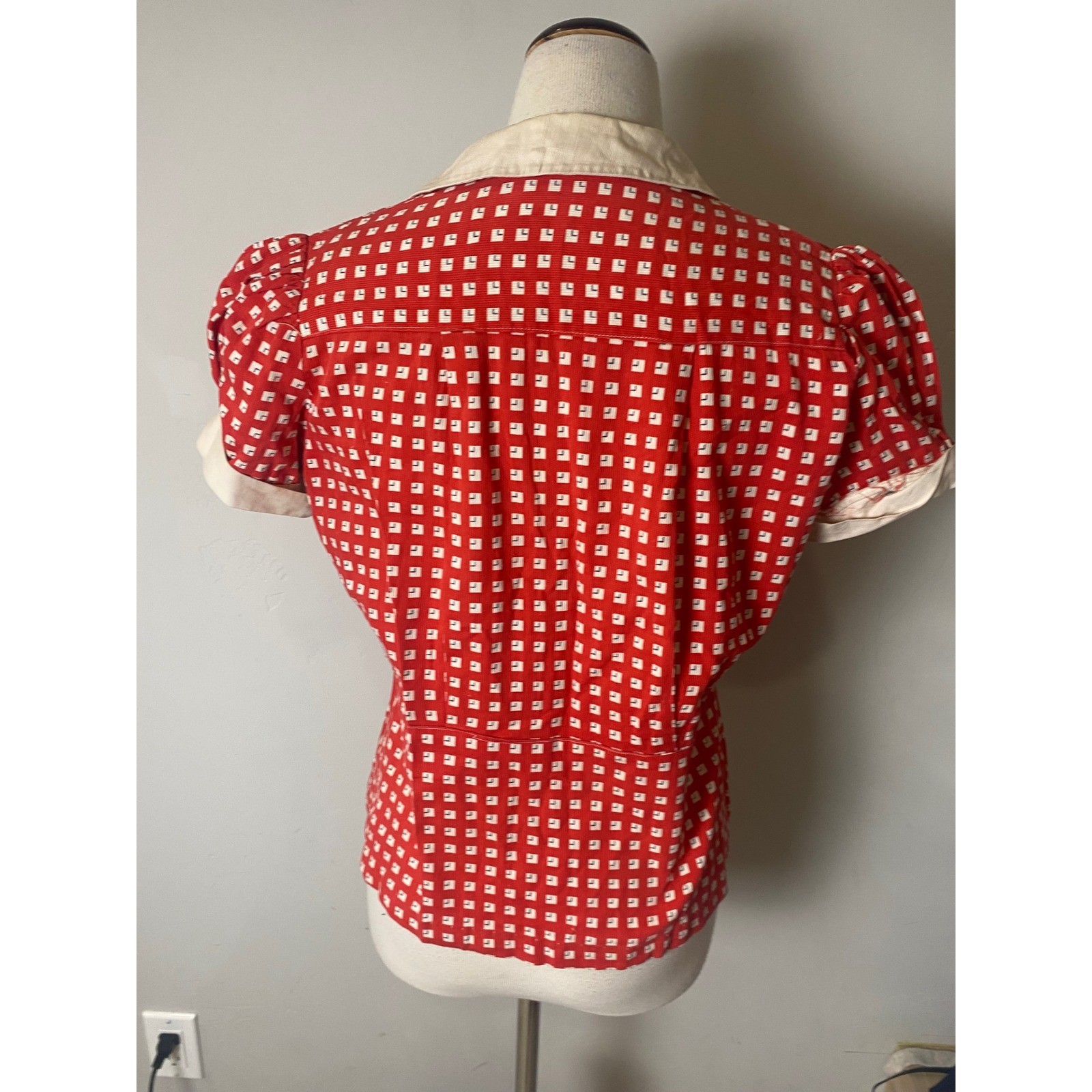 Vintage 1940s Red Geometric Print Blouse Puff Shoulder Top Retro M/L