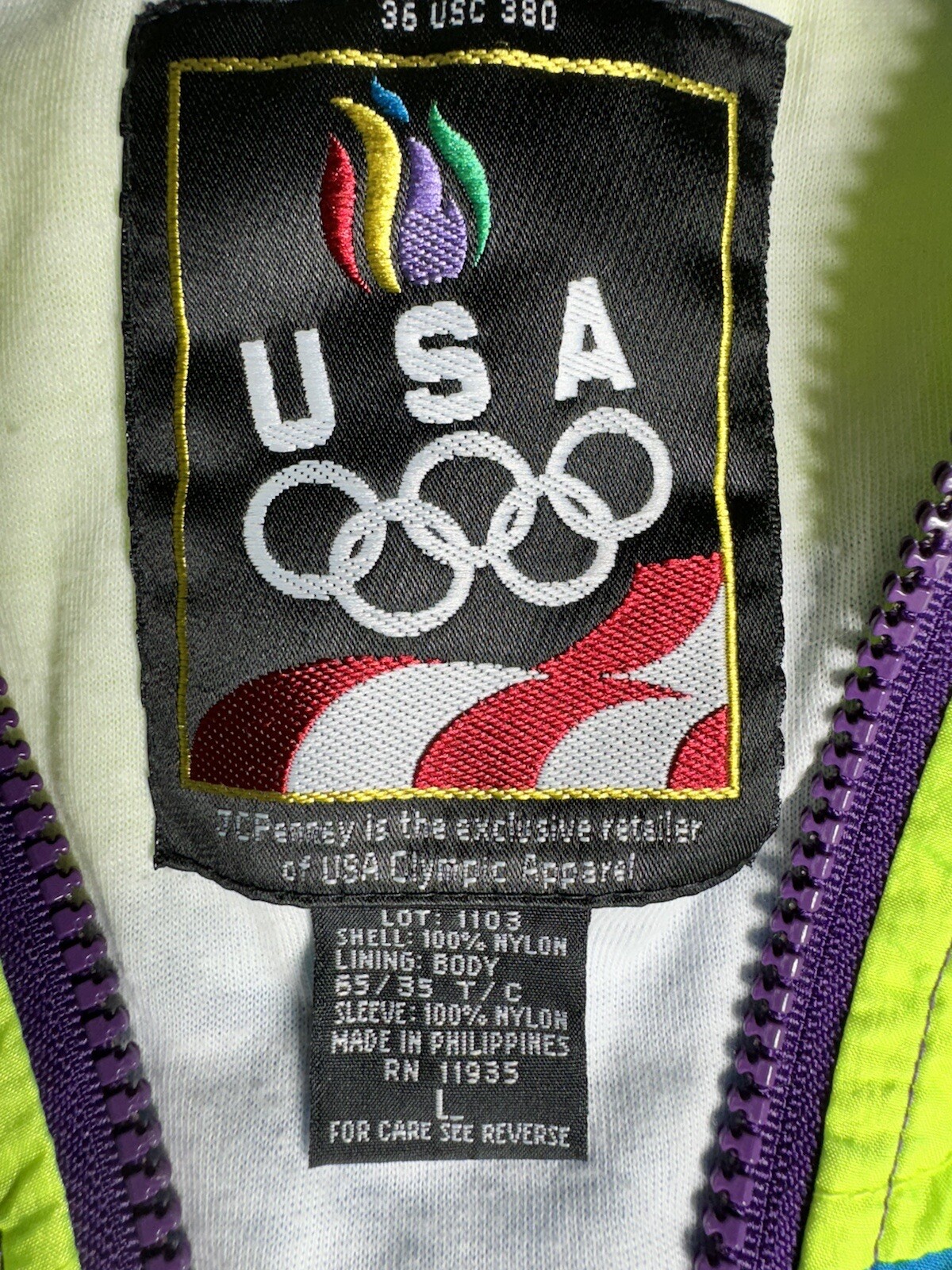 Vintage USA Olympics Neon Windbreaker Colorblock JC Penney Sz L Track Jacket