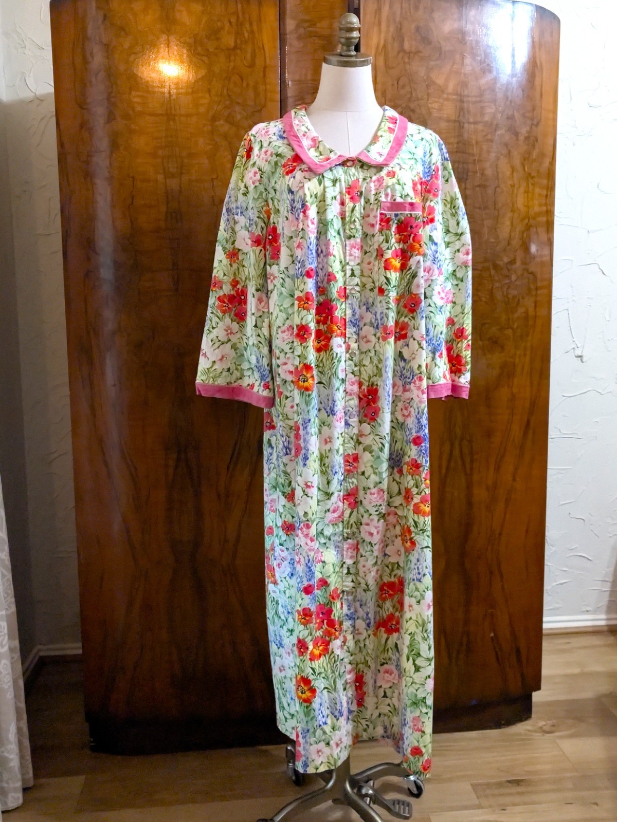 Vtg Models Coat by Swirl Grandmacore Floral Maxi Duster 18 Housecoat Pink Trim