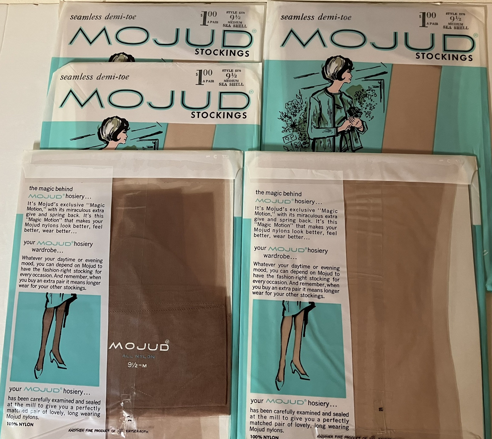 5 Pair VTG FLAT KNIT MOJUD MAGIC MOTION NYLON STOCKINGS GARTER HOSIERY 9 1/2×32”