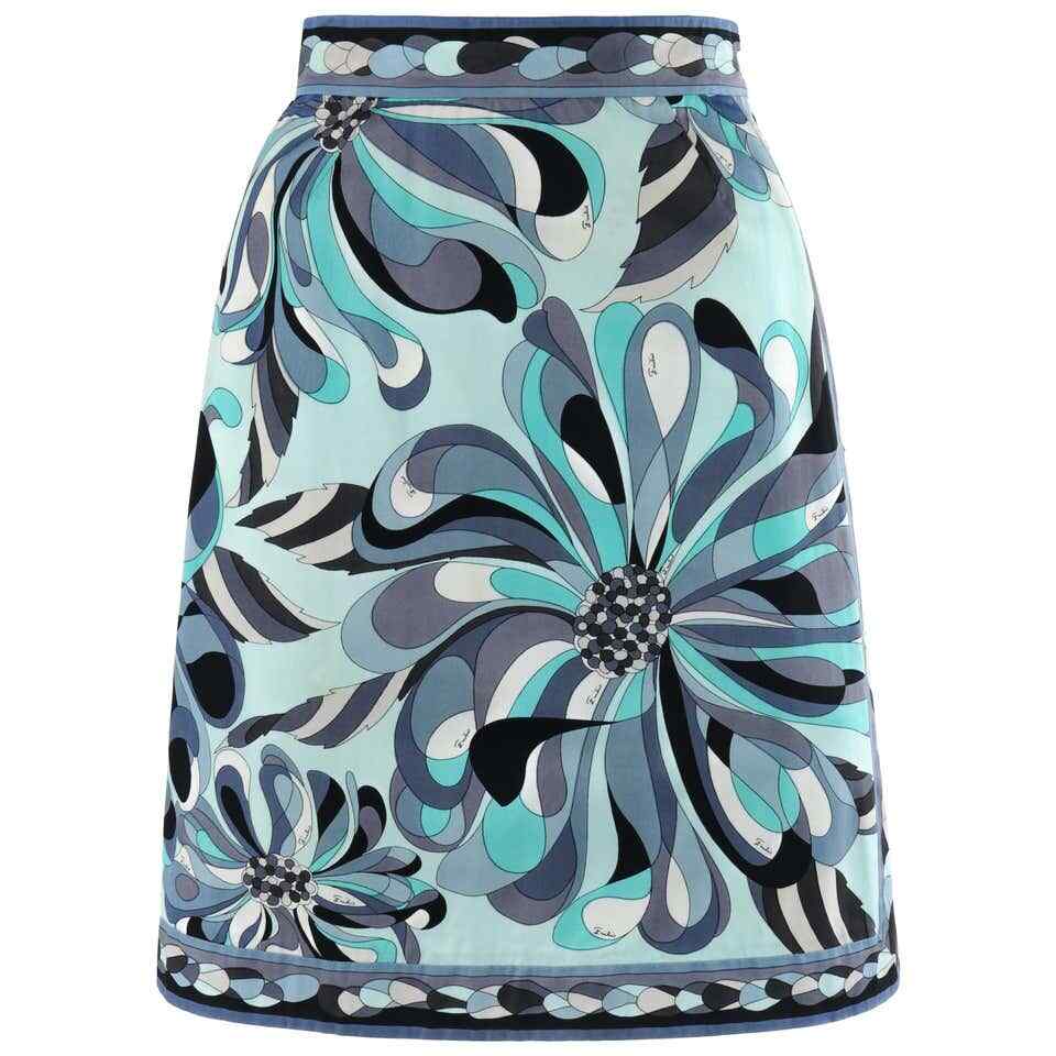 EMILIO PUCCI c.1960&rsquo;s Turquoise Floral Op Art Signature Print A-Line Skirt