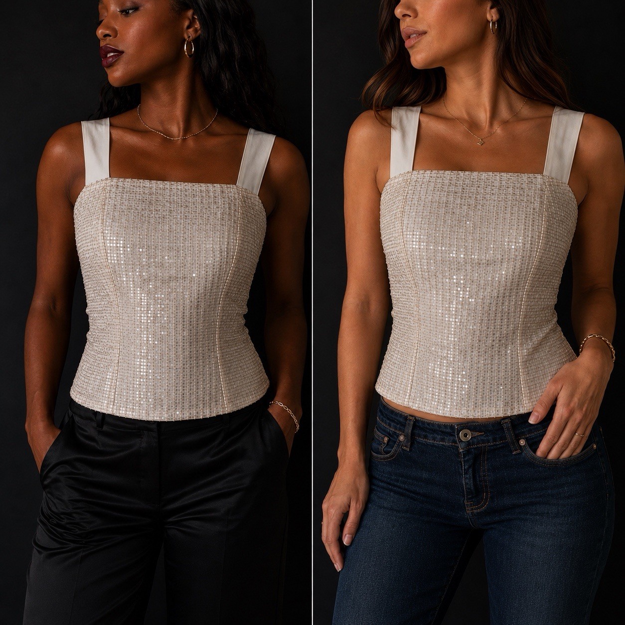 VTG 90s Y2K Sequin Silk Square Neck Wide Strap neutral gray Formal Corset top M