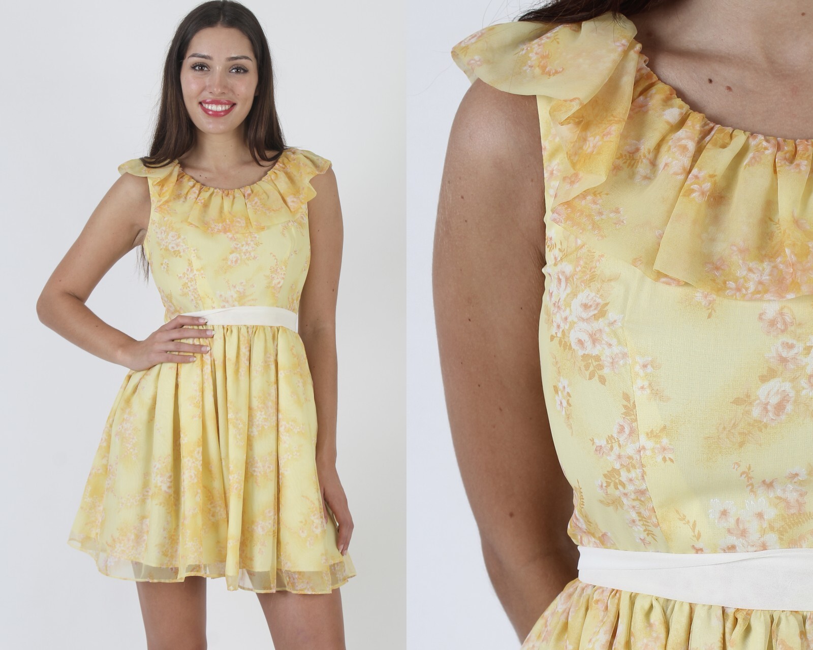 Vtg Neat Light Yellow Summer Party Dress 70s High Waisted Casual Summer Sundress