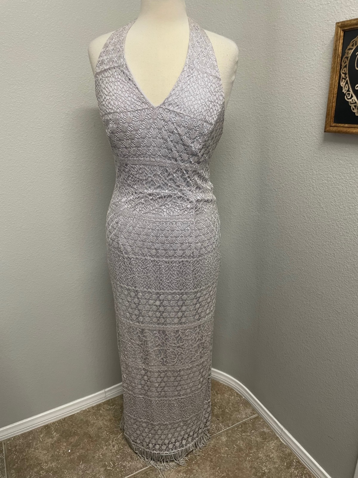 Y2K Bari Jay Evening Gown Dress Maxi Fringe Backless Halter Silver Plunge 12