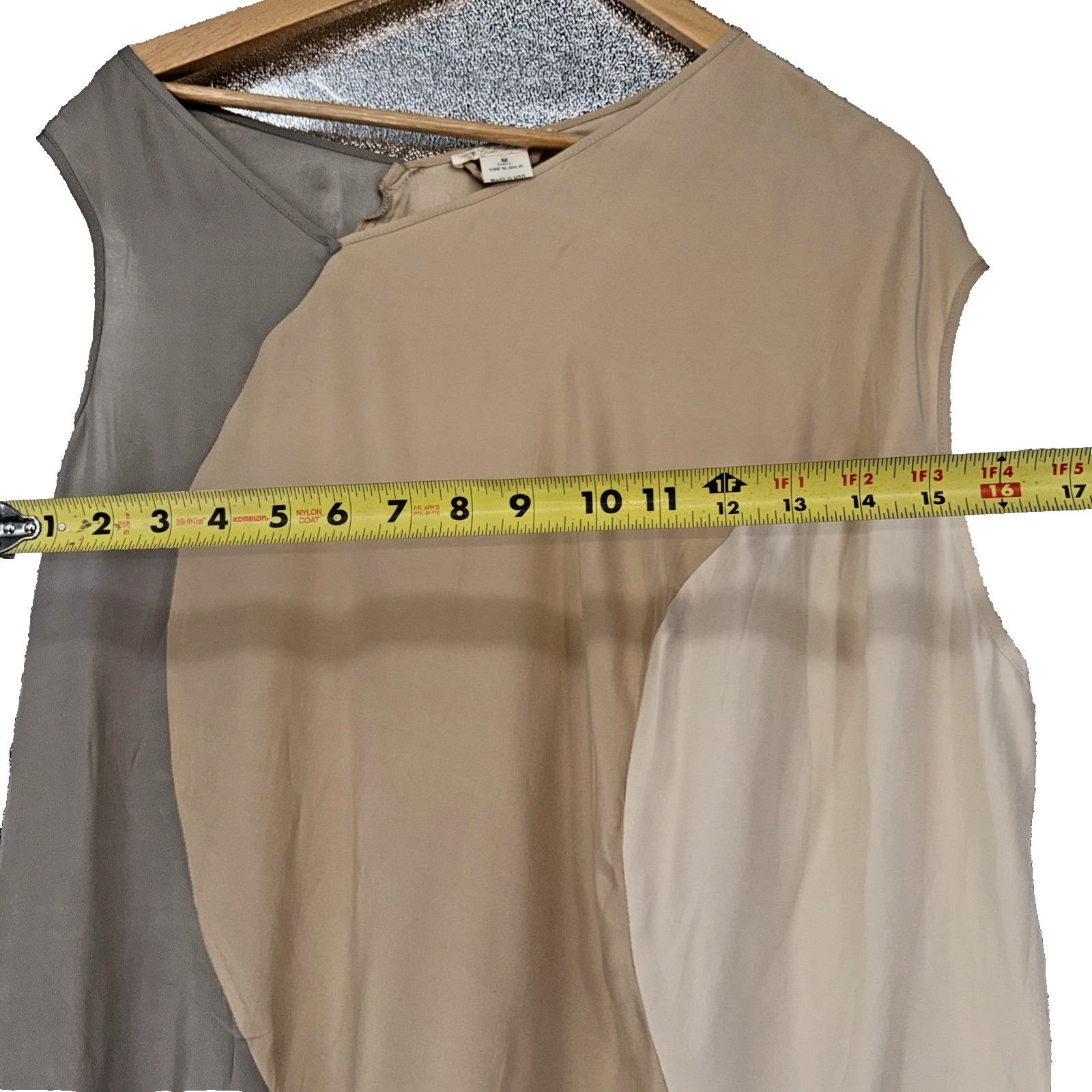 VTG Gold Hawk 100% Silk Blouse M Asymmetric Colorblock Sleeveless Top Beige USA