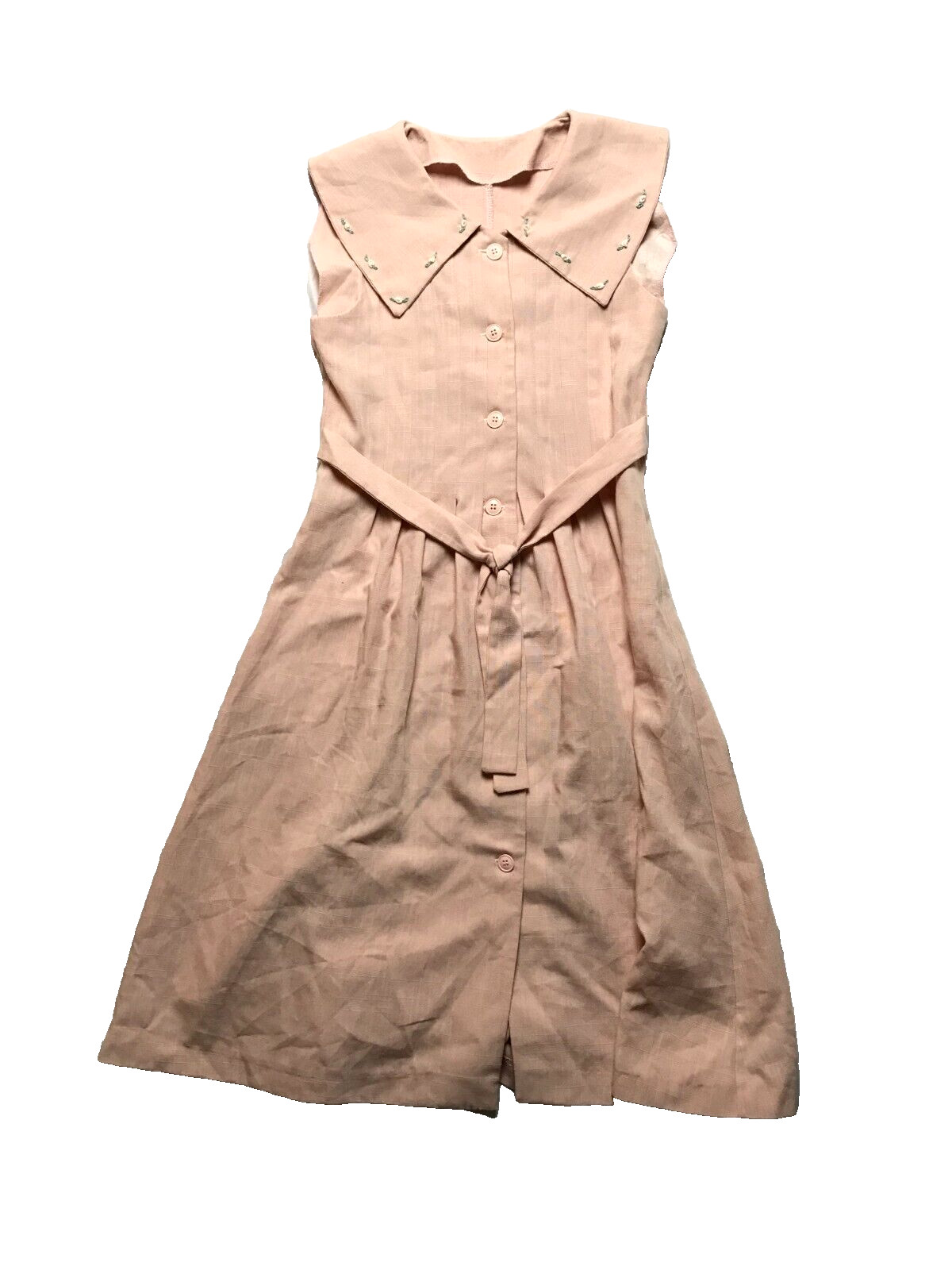 Vintage Womens Mod Go-Go 60s 70s Pink Big Collar Linen Floral Cute Dress SM