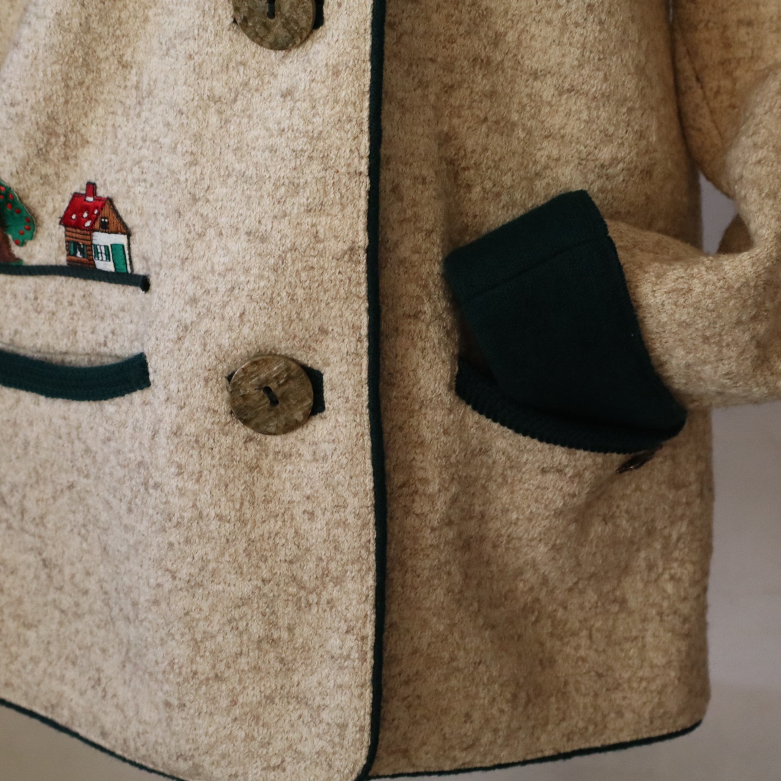 Vtg Wool Chenille Arber Jacket Tan, Green Knit w Embroidery Sz 36 Small Germany