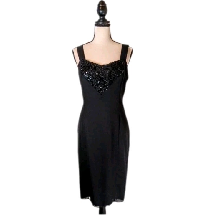 Vtg 80s Lori Max II Black Beaded Sequin Cocktail Wedding Dress Embroidered M