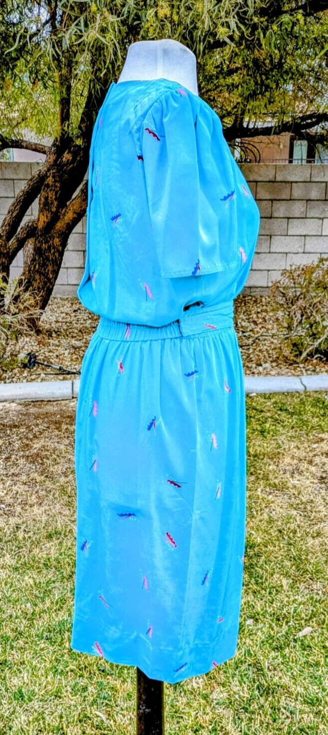 1980s VTG Petites for Maggy Sz4p Aqua Memphis Geometric Midi Korea Dress GUC