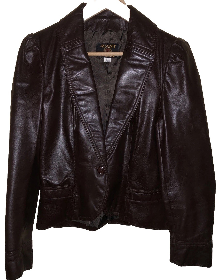 Vintage AVANT GARDE Women&rsquo;s Leather Jacket Sz 8 fits XS/S 1 button peplum back