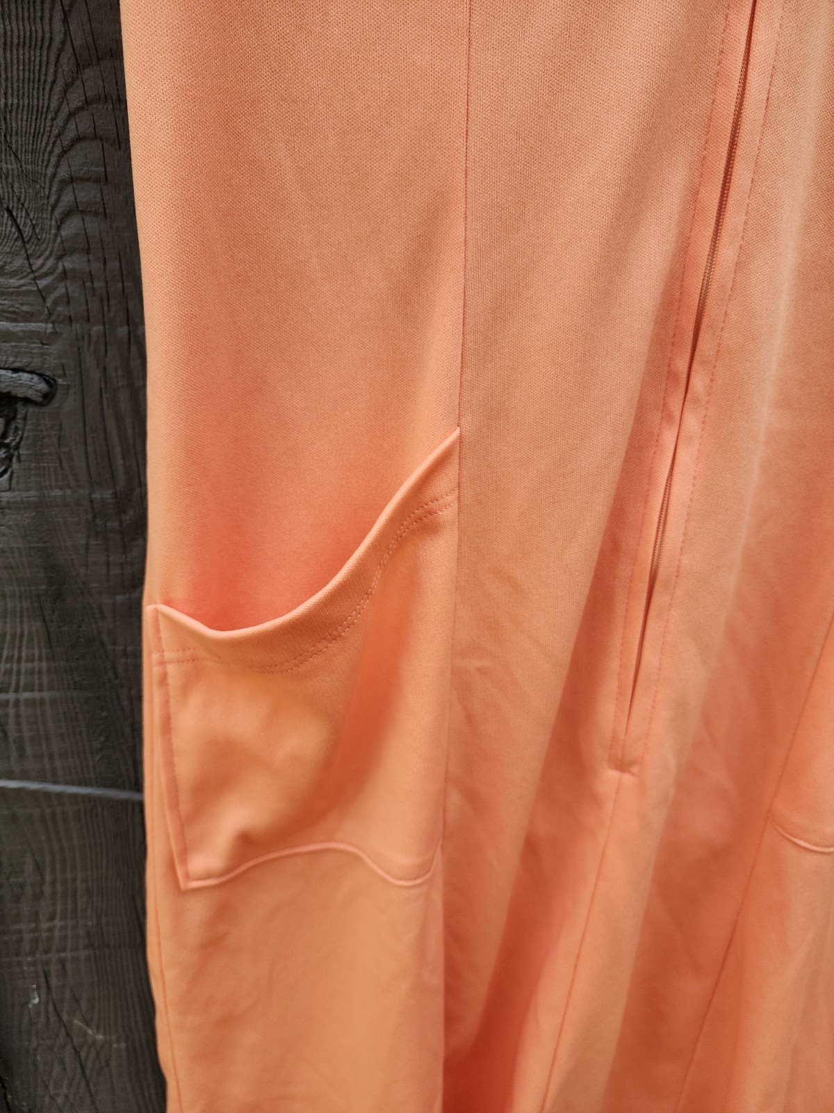 70s Handmade Solid Peach Color Double Knit Polyester Dress – Womens L-XL Vtg