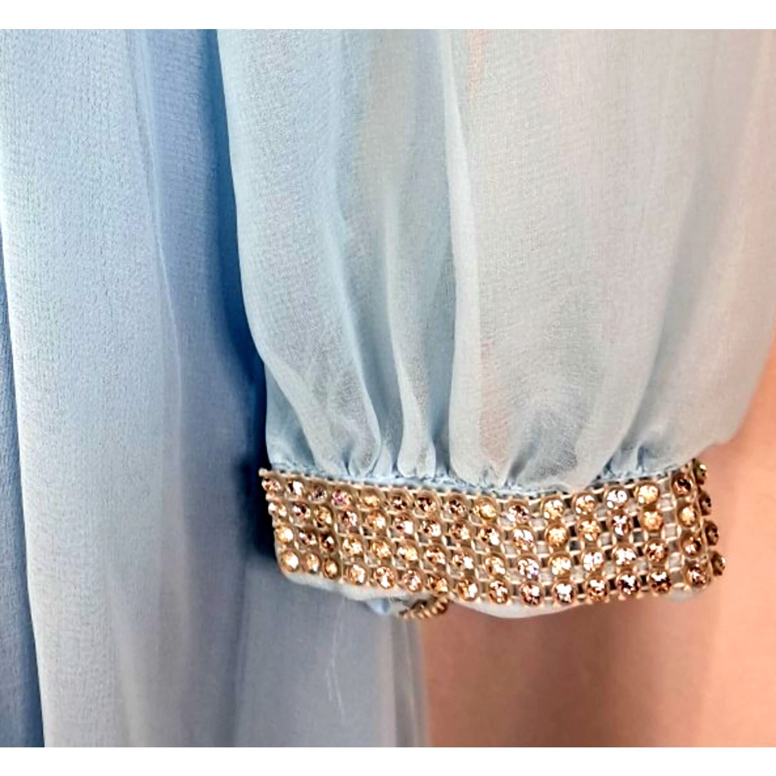 Vtg 70s Sheer Chiffon Rhinestone Maxi Dress Size 9 Blue Regency Formal Union Tag