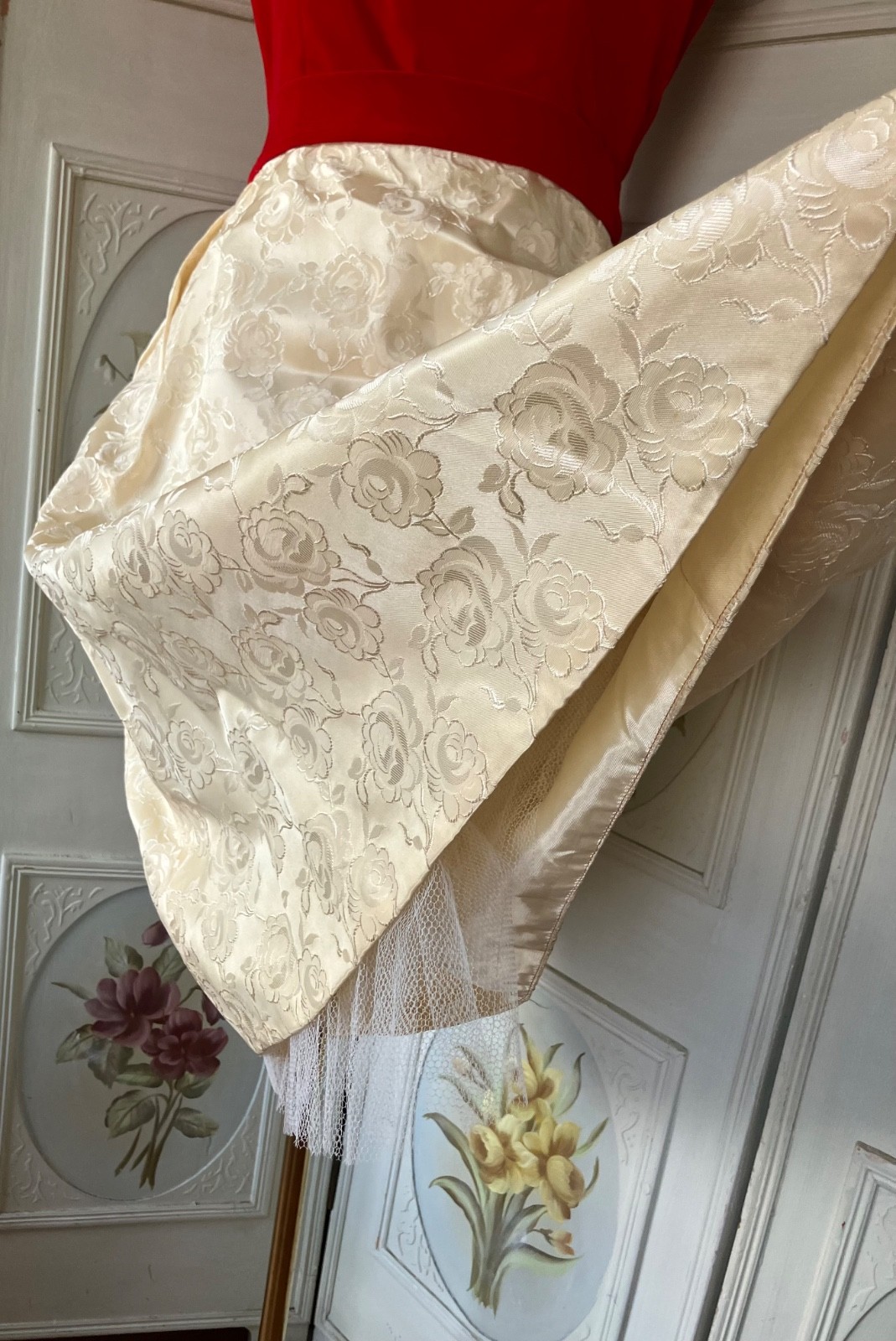 NWOT NEW VTG 50s PARTY DRESS SLVLSS RED VELVET CREAM JACQUARD+LACE SHRUG 13/14