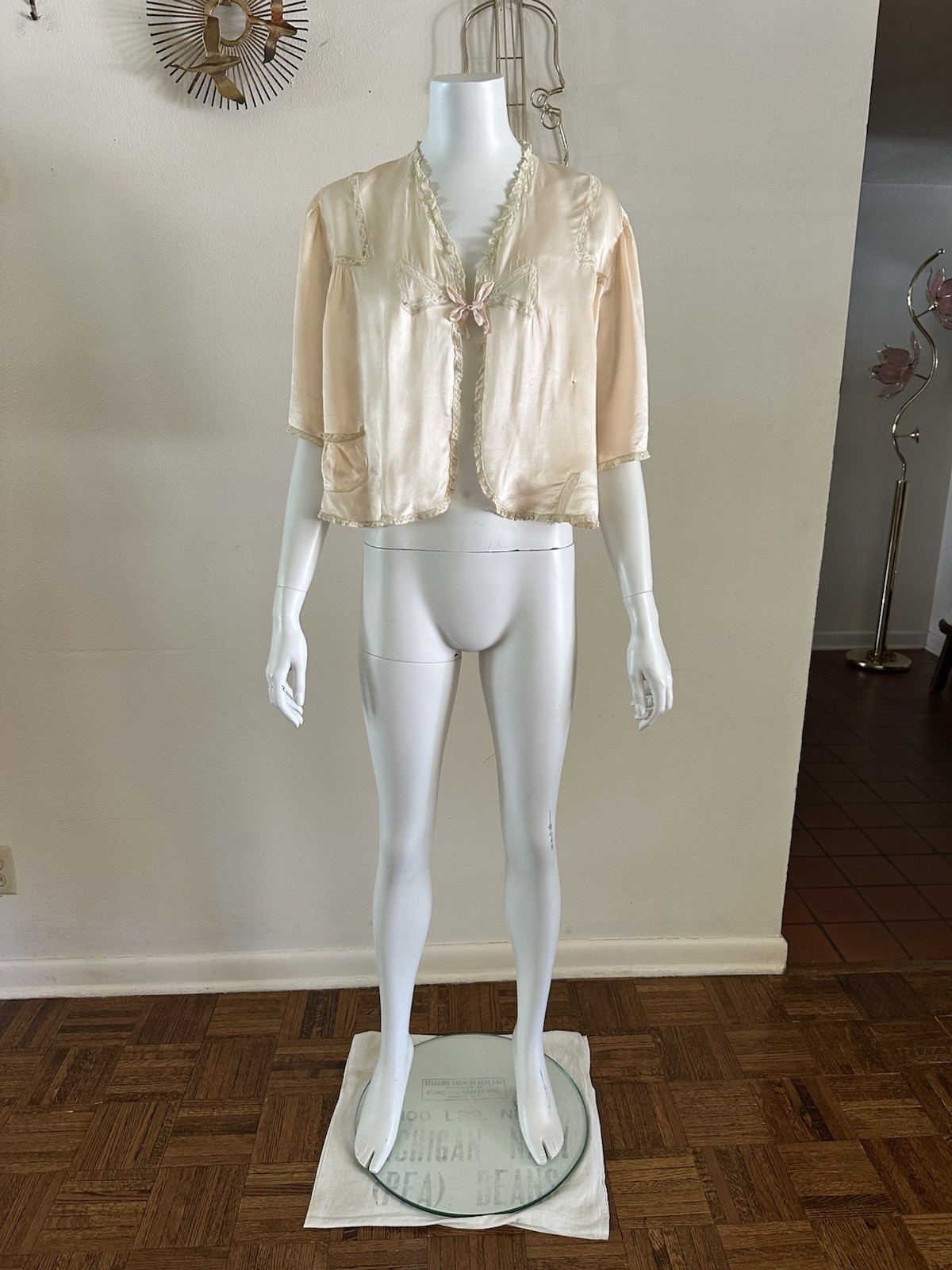 1930s Rayon Satin Bed Jacket Champagne Peach Lace Bow Tie Front Boudoir Top VTG