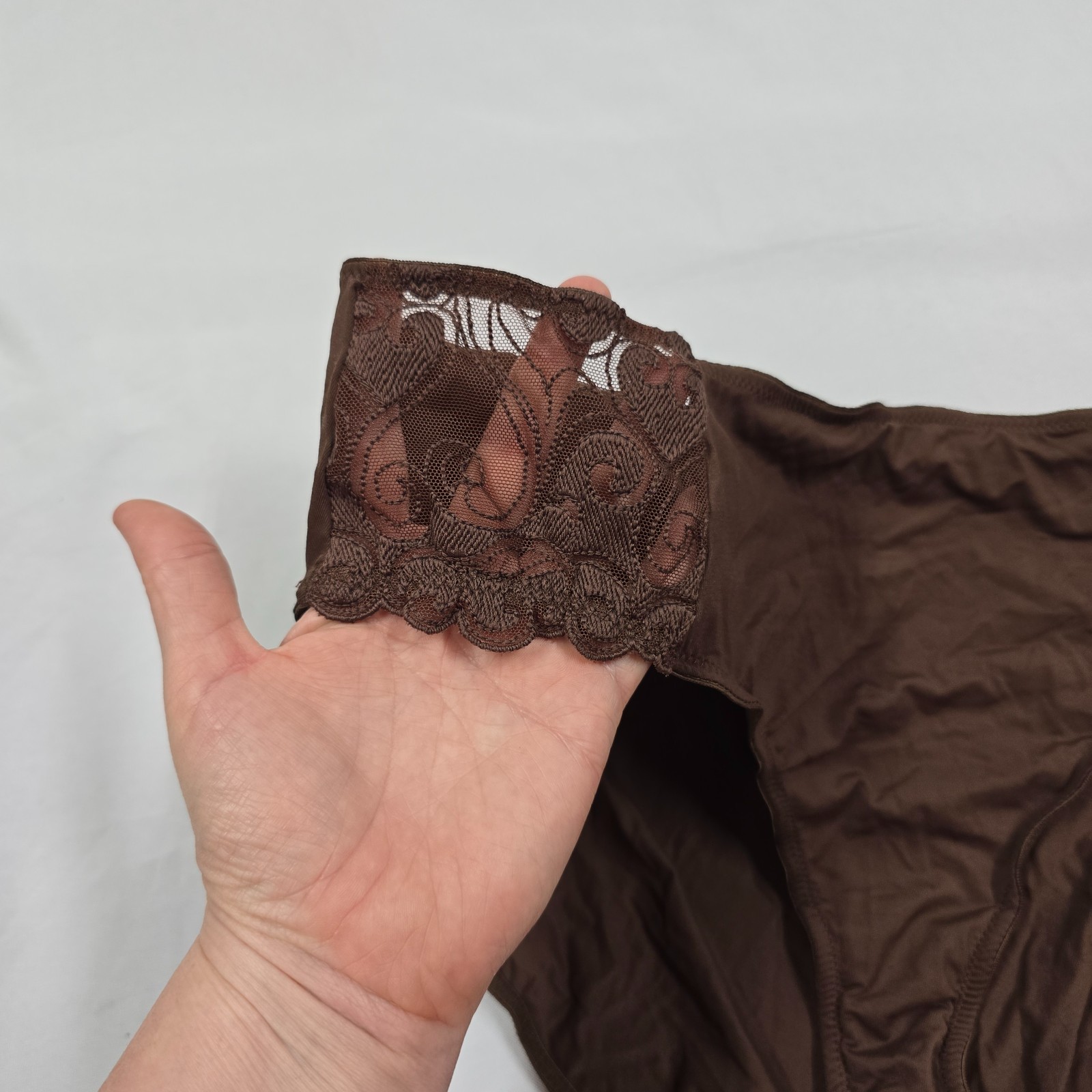 Microfiber Brown Hi Cut Panties Mesh Lace Embroidered Hips XXXL 3XL