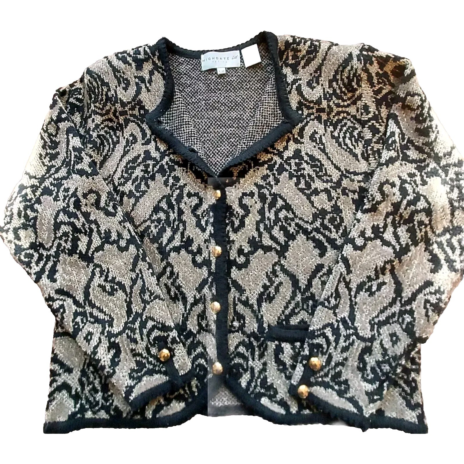 HIGHGATE ltd. Vintage 80&rsquo;s Black and Gold Boxy Cardigan Petite Medium Button-Up