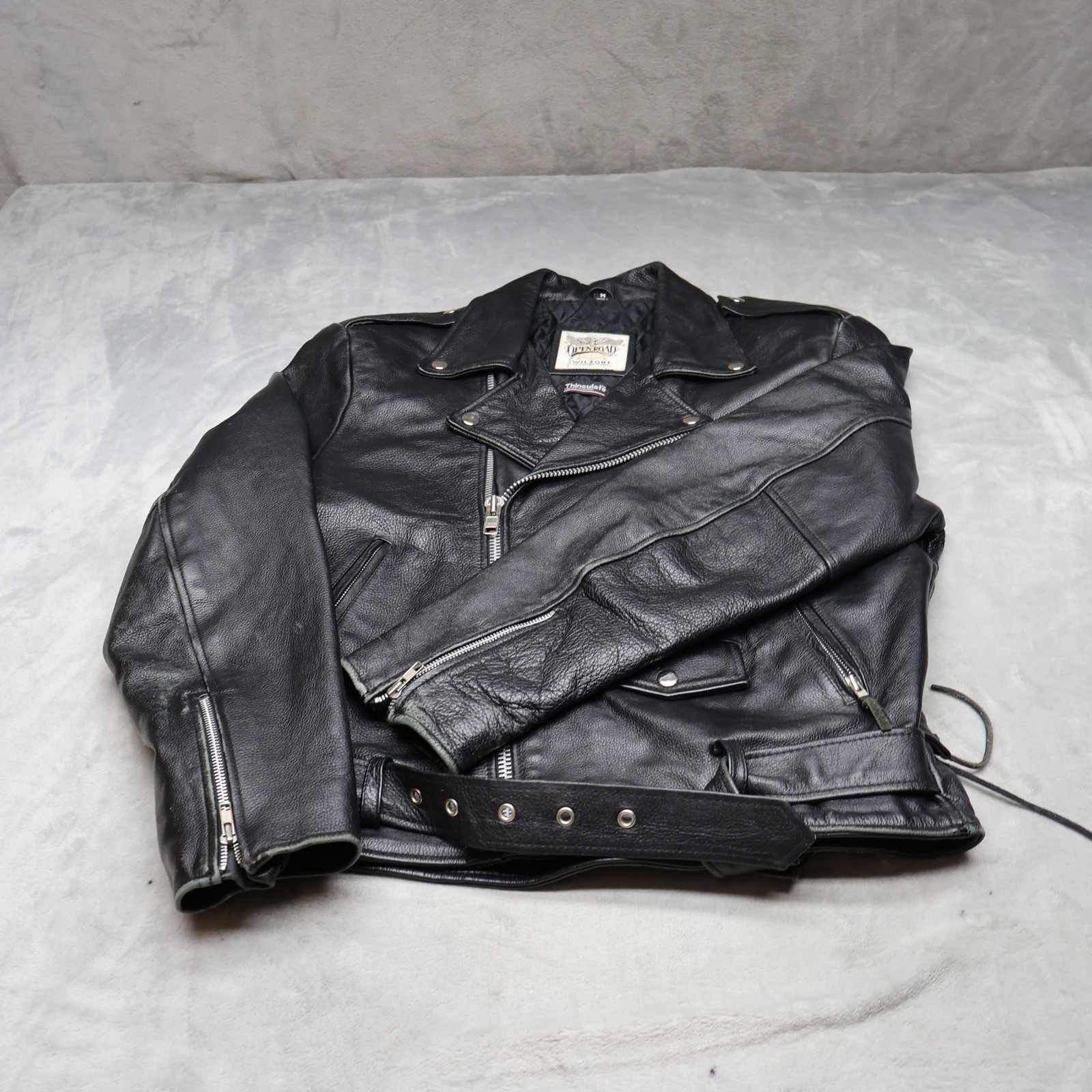Open Road Wilsons Leather Jacket Women Medium Black Lace Belt Heavy Panhead VTG