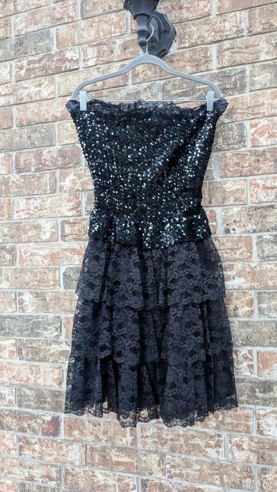 Vintage Flirtations 80s One Size S/M Sequin+Layered Lace Cocktail Party Dress