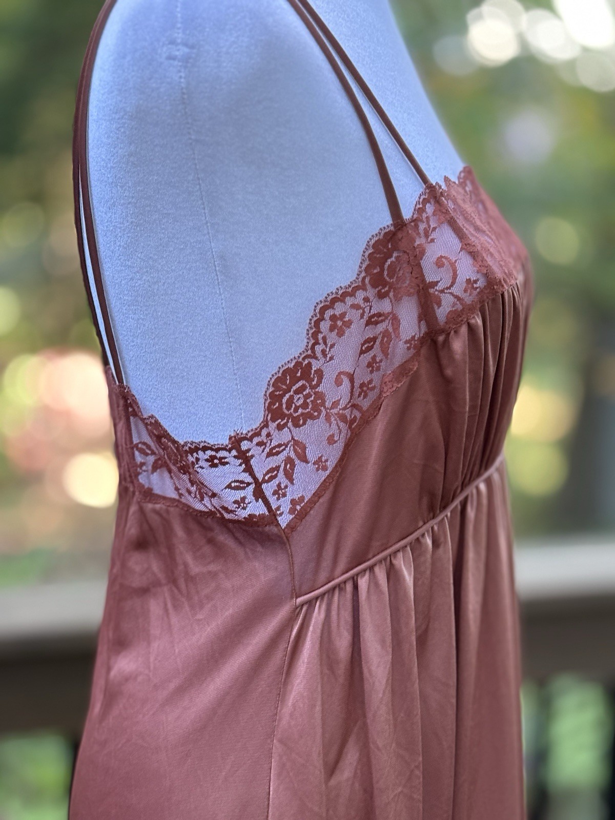 Vtg New Nightgown Long Goddess Pinehurst 70s Inset Lace UNIQUE Copper Brown M 36
