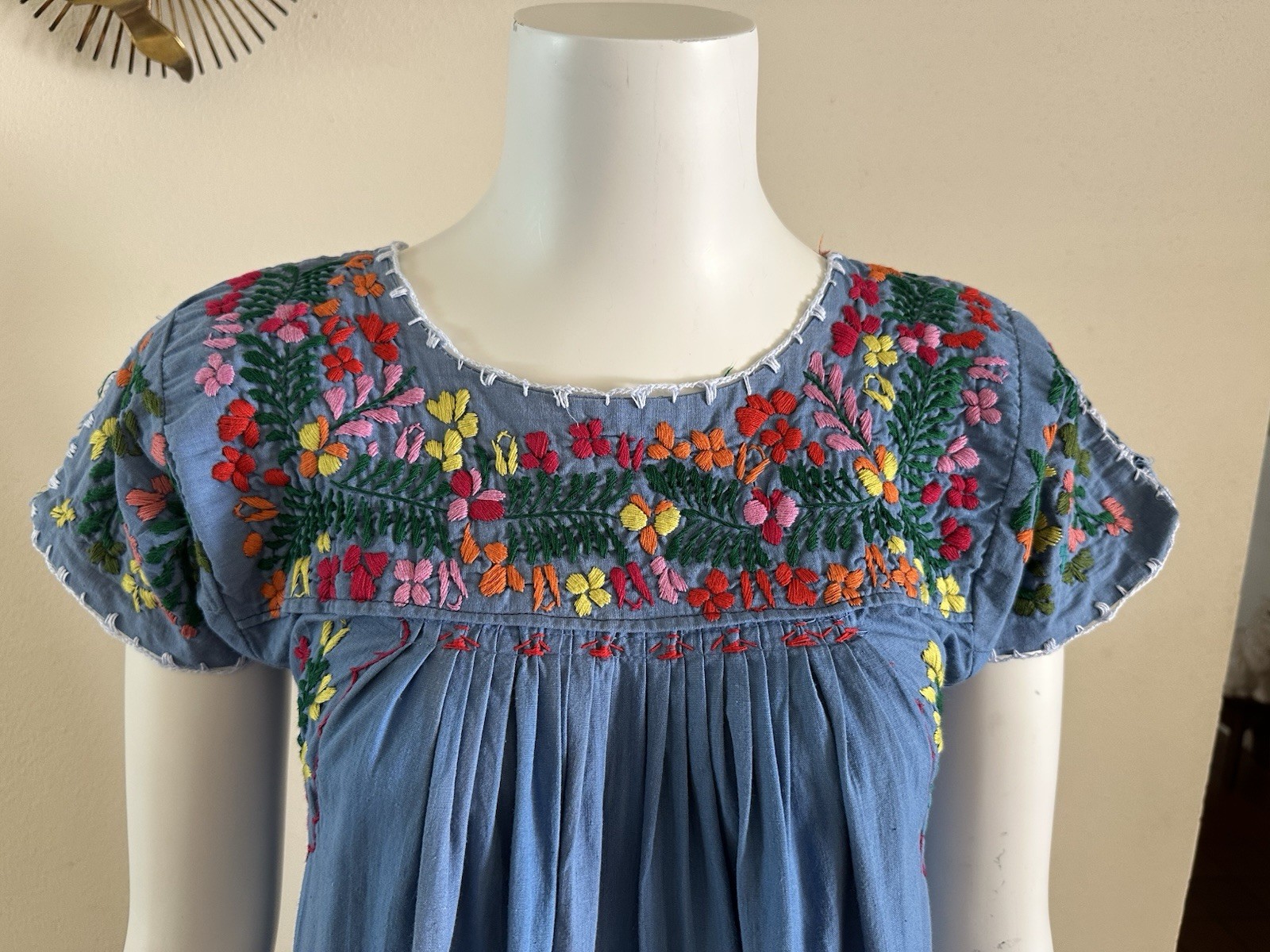 1970s Blue Cotton Oaxacan Mexican Huipil Dress Embroidered Floral Maxi Sz S VTG