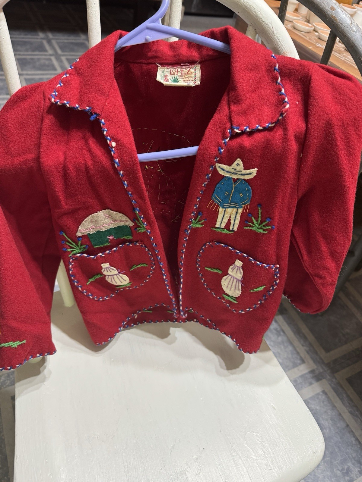 Lopez 100% Wool Red Mexican Embroidered Jacket Made in Mexico