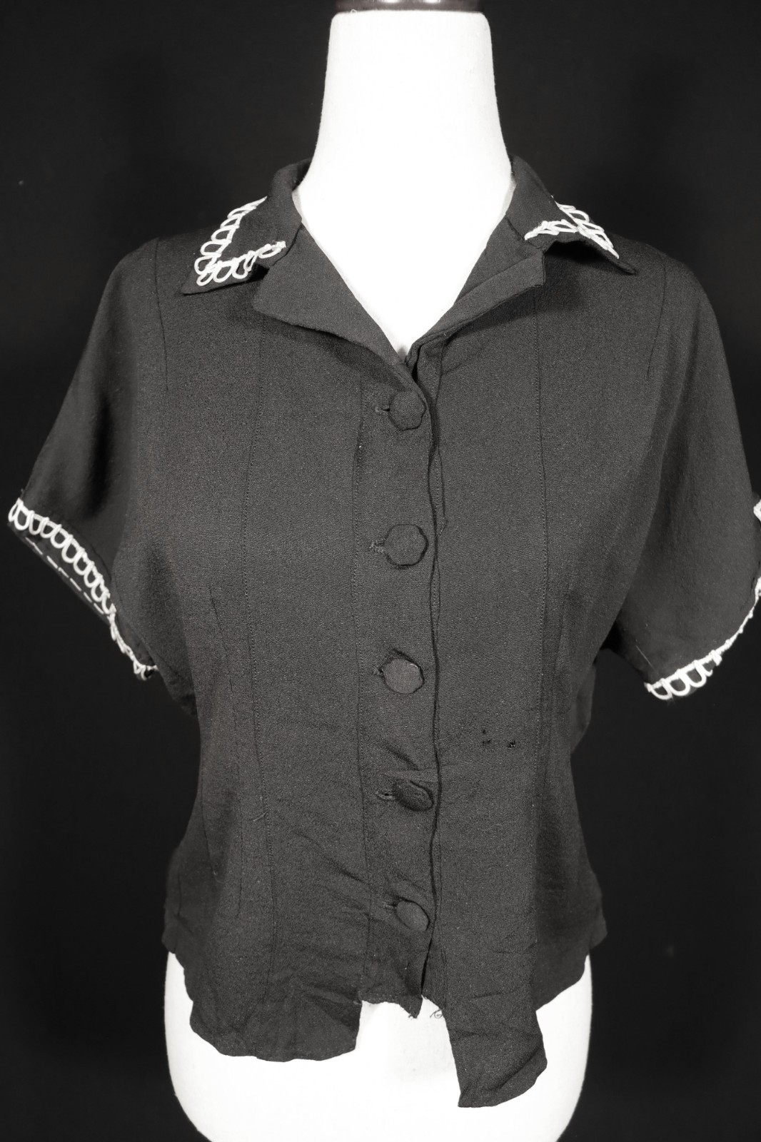 Vintage WWII Era 1940&rsquo;s French Black Rayon Crepe Blouse Size Small