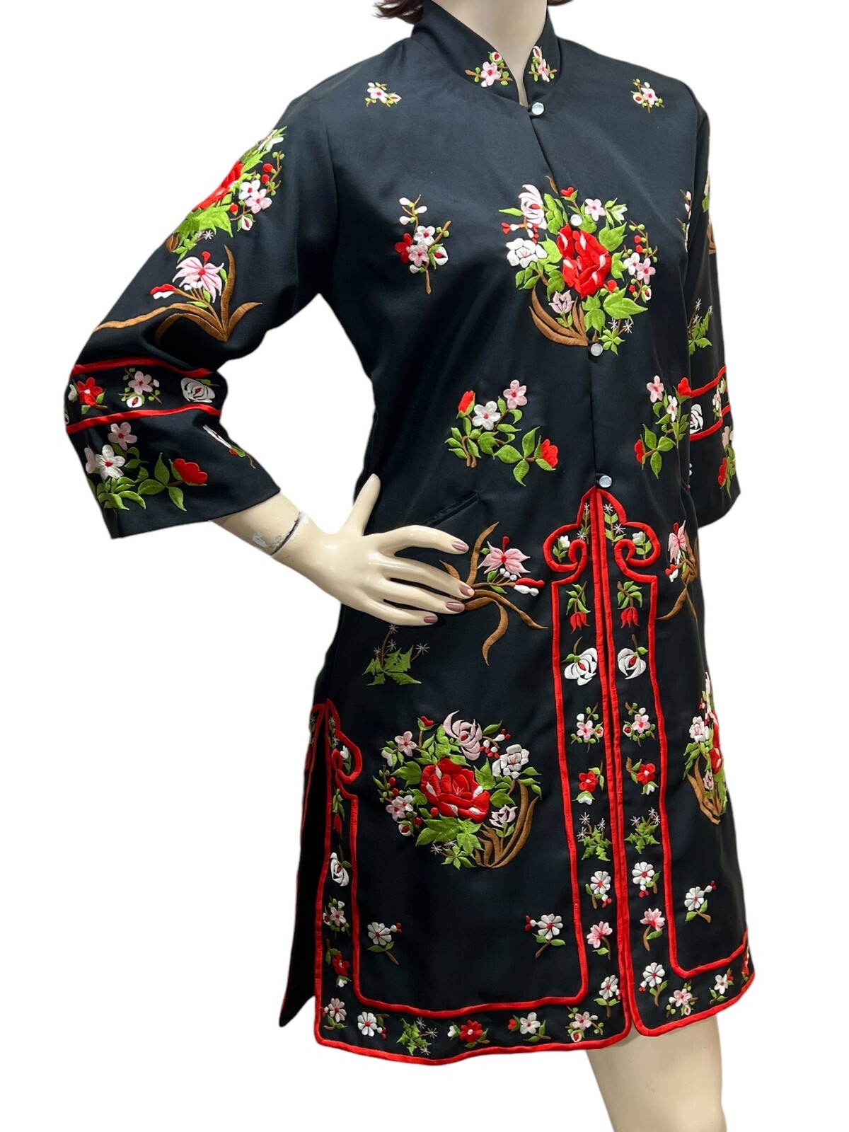 Vtg Sz S Oriental TUNIC Jacket Coat Hostess Robe Black Embroidered Philippines