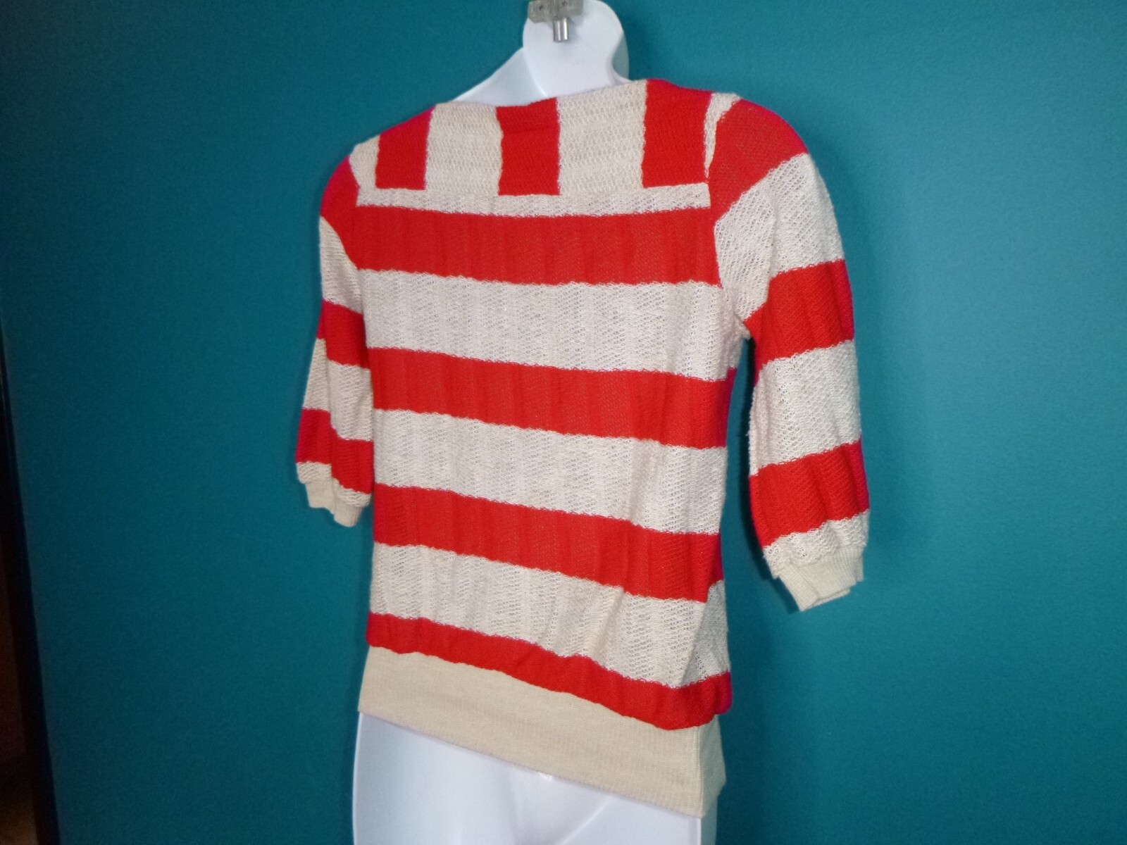 Vtg 70s Peppermint Casuals Loose Textured Knit Top Red Oatmeal Color Sz S/M